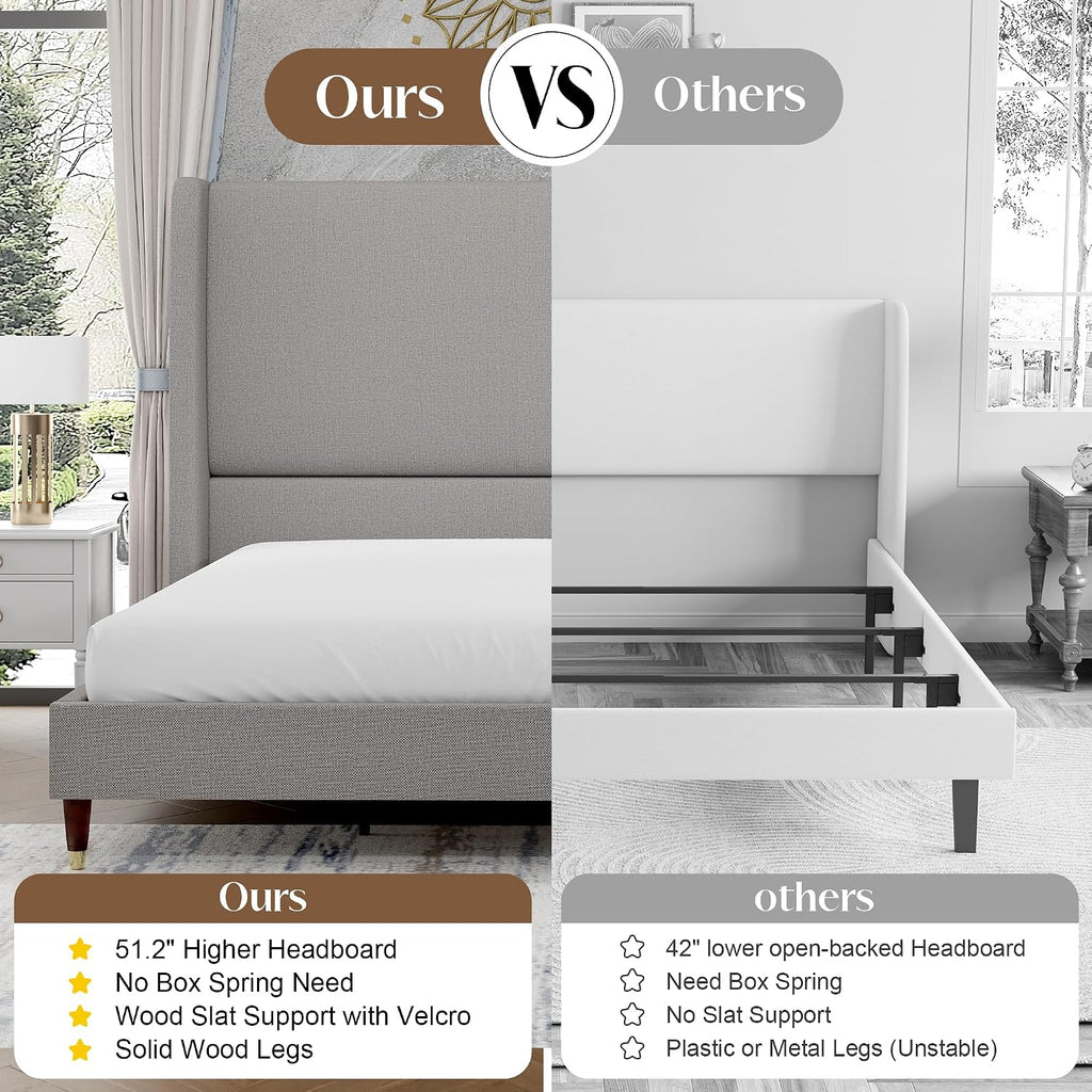 PaPaJet King Bed Frame with 51.2' Tall Wingback Headboard,Line Upholstered Platform Bed,Solid Wood Legs,No Box Spring Needed,Noise-Free&Easy Assembly,for Master Bedroom & Luxury Home,Light Grey