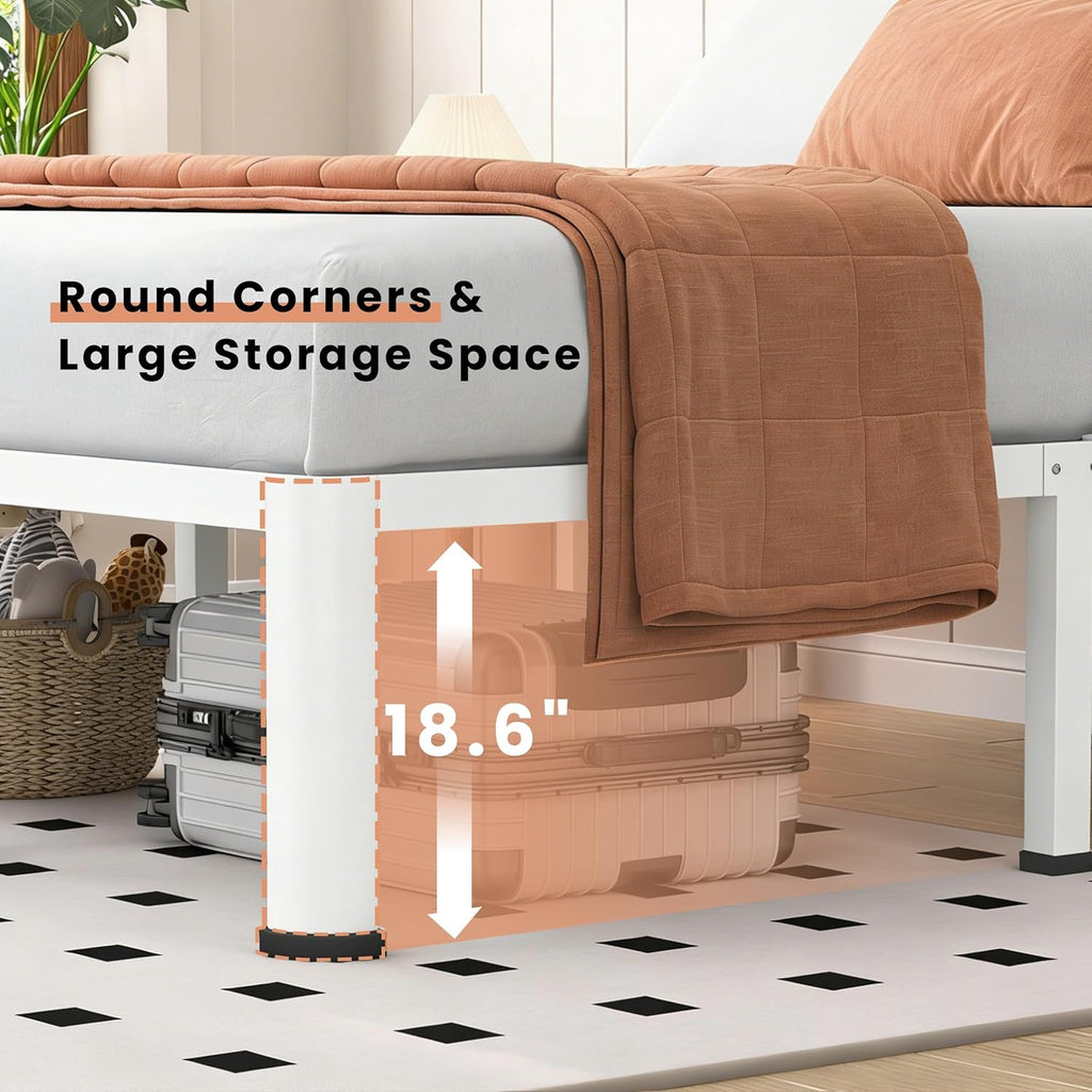 VIPSHOW 20 Inch White Full Heavy Duty 3500 lbs Bed Frame with Round-Corner Legs & Anti-Squeak Design – Quick Assembly Metal Platform, No Box Spring Needed
