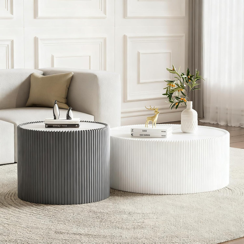 Round Living Room Table Set, 29.52' White Drum Center Table and 17.71' Grey Coffee Table Set, 2 Pieces Coffee Table Set with Sintered Stone Tabletop, Fluted PU Leather Covered and StableBase