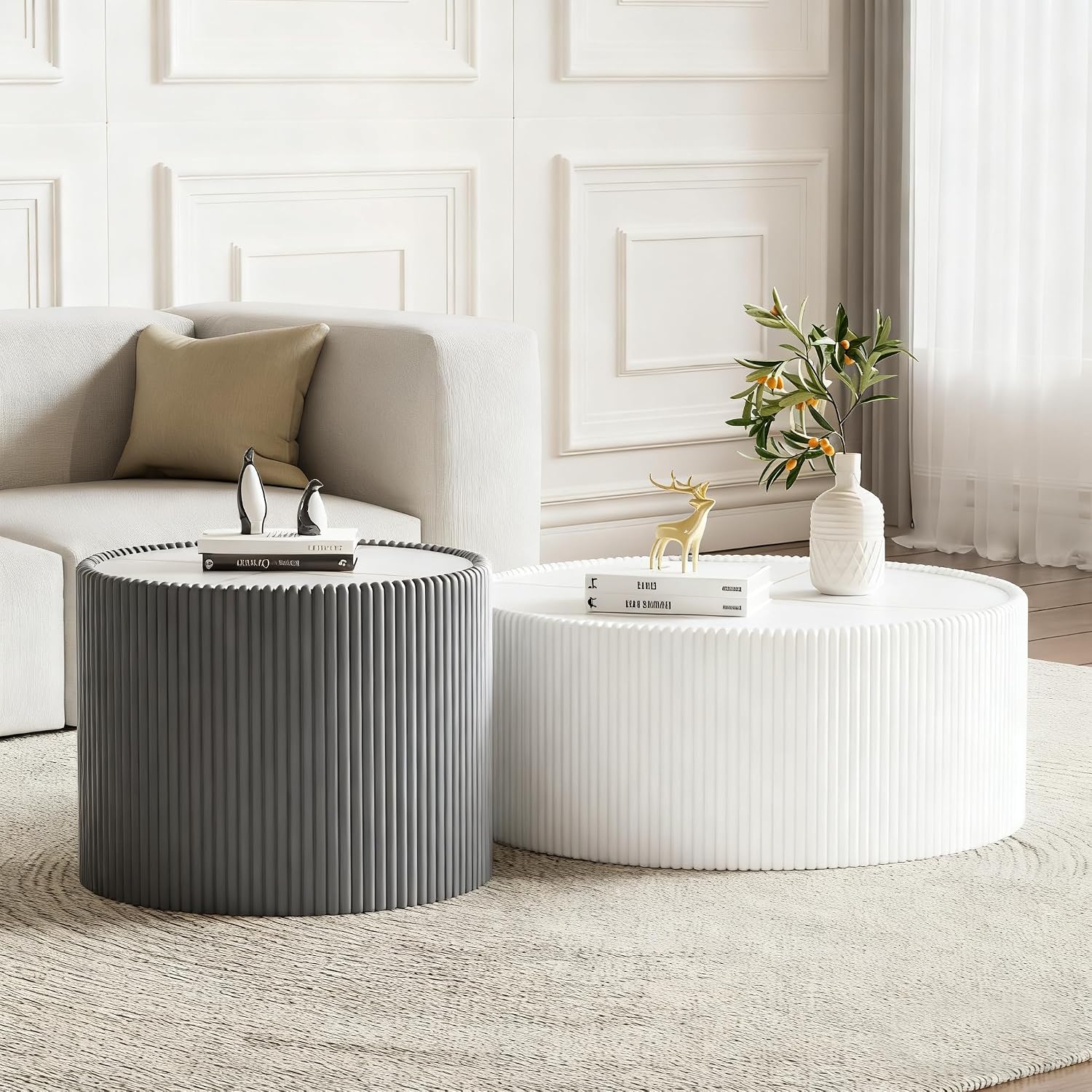 Round Coffee Table Set, 29.52' White Drum Center Table and 17.71' Grey Coffee Table Set, 2 Pieces Living Room Table Set with Sintered Stone Tabletop,Fluted PU Leather Covered and Stable Base