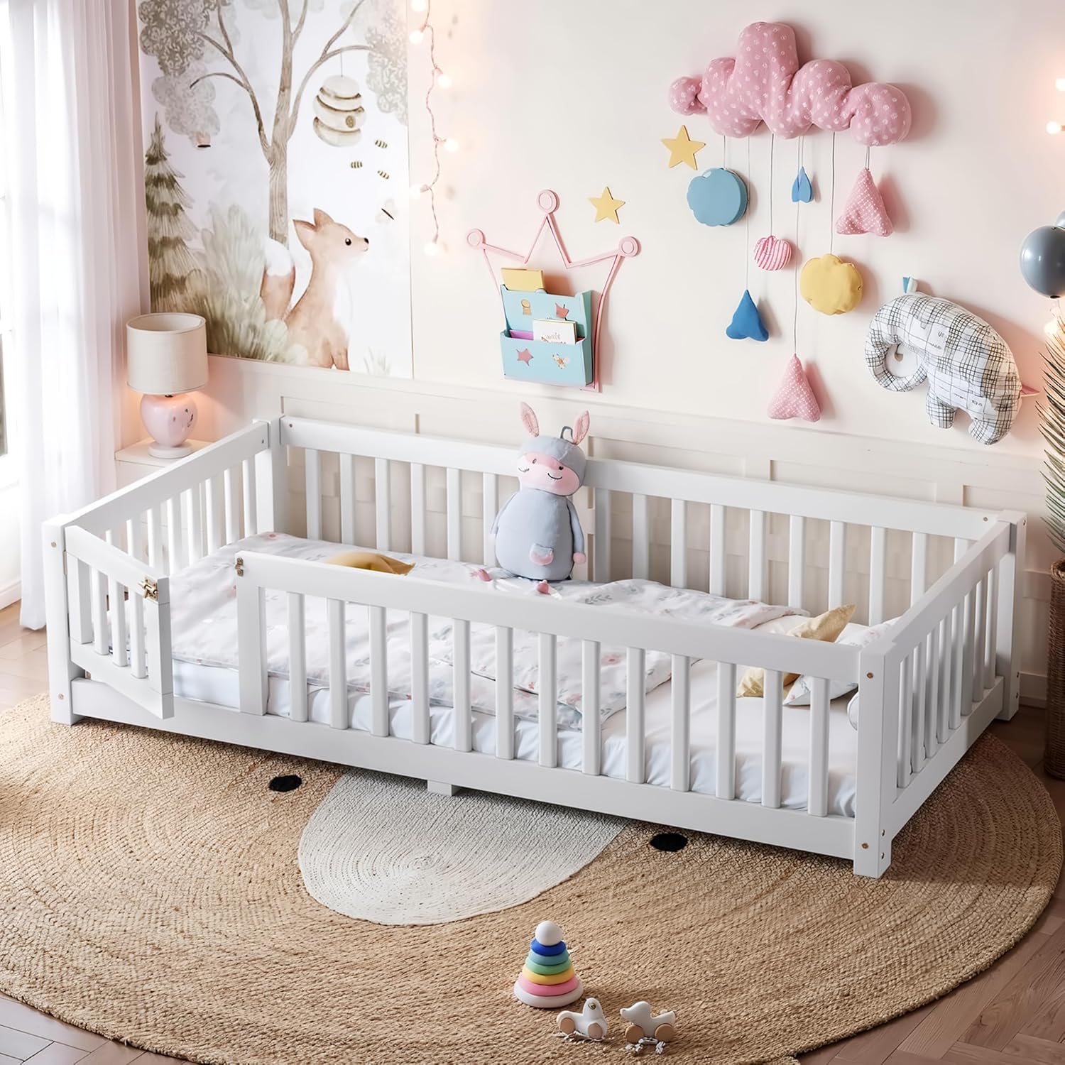 Bellemave Twin Size Floor Bed Frame with Fence and Door for Kids, Montessori Floor Bed with Slats and Safety Guardrails,Solid Wood Twin Bed Frame for Girls Boys,White