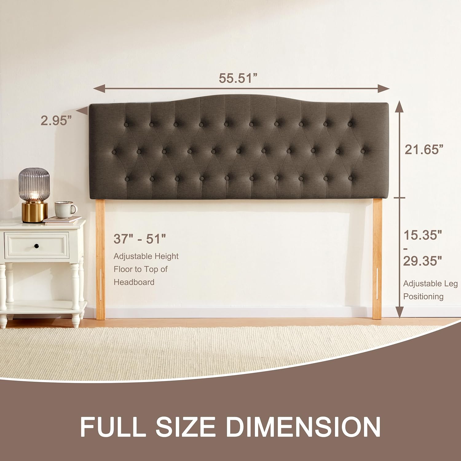 Huatean Home Tufted Upholstered Headboard Full Size, Sturdy and Durable Solid Wood Bed headboard, Fabric Headboard Adjustable Height from 37' to 51', Button Diamond Design Head Board, Chocolate