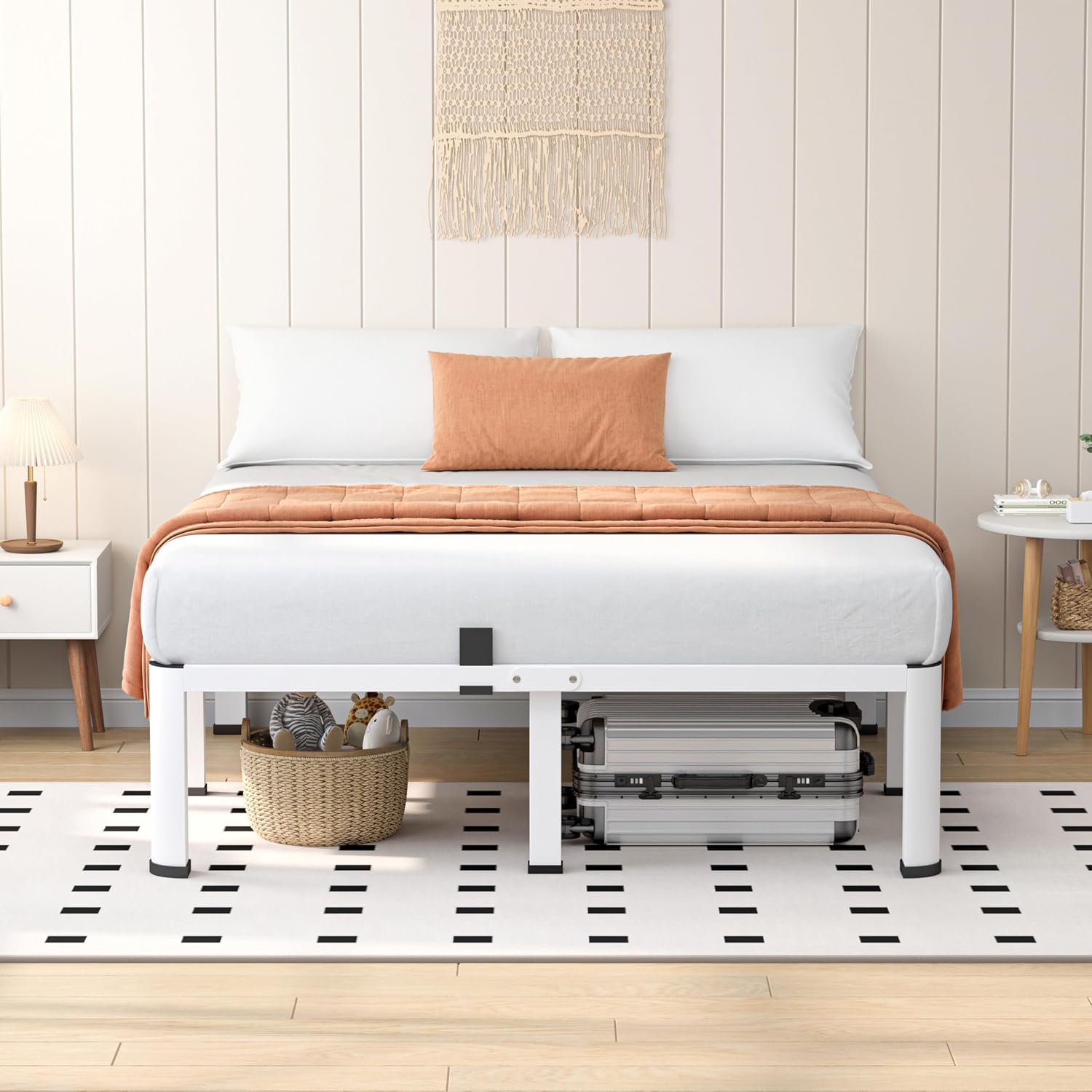 VIPSHOW 20 Inch White Full Heavy Duty 3500 lbs Bed Frame with Round-Corner Legs & Anti-Squeak Design – Quick Assembly Metal Platform, No Box Spring Needed