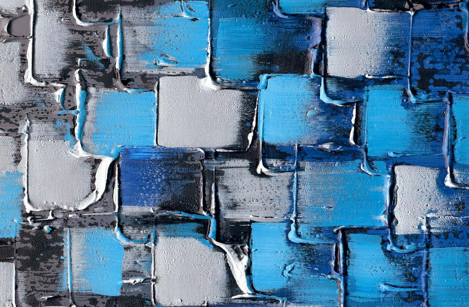 Abstract Dark Blue and Silver Painting Pictures Modern 3D Textured Squares Wall Art on Canvas for Home and Office Decoration Framed Ready to Hang 56x28inch