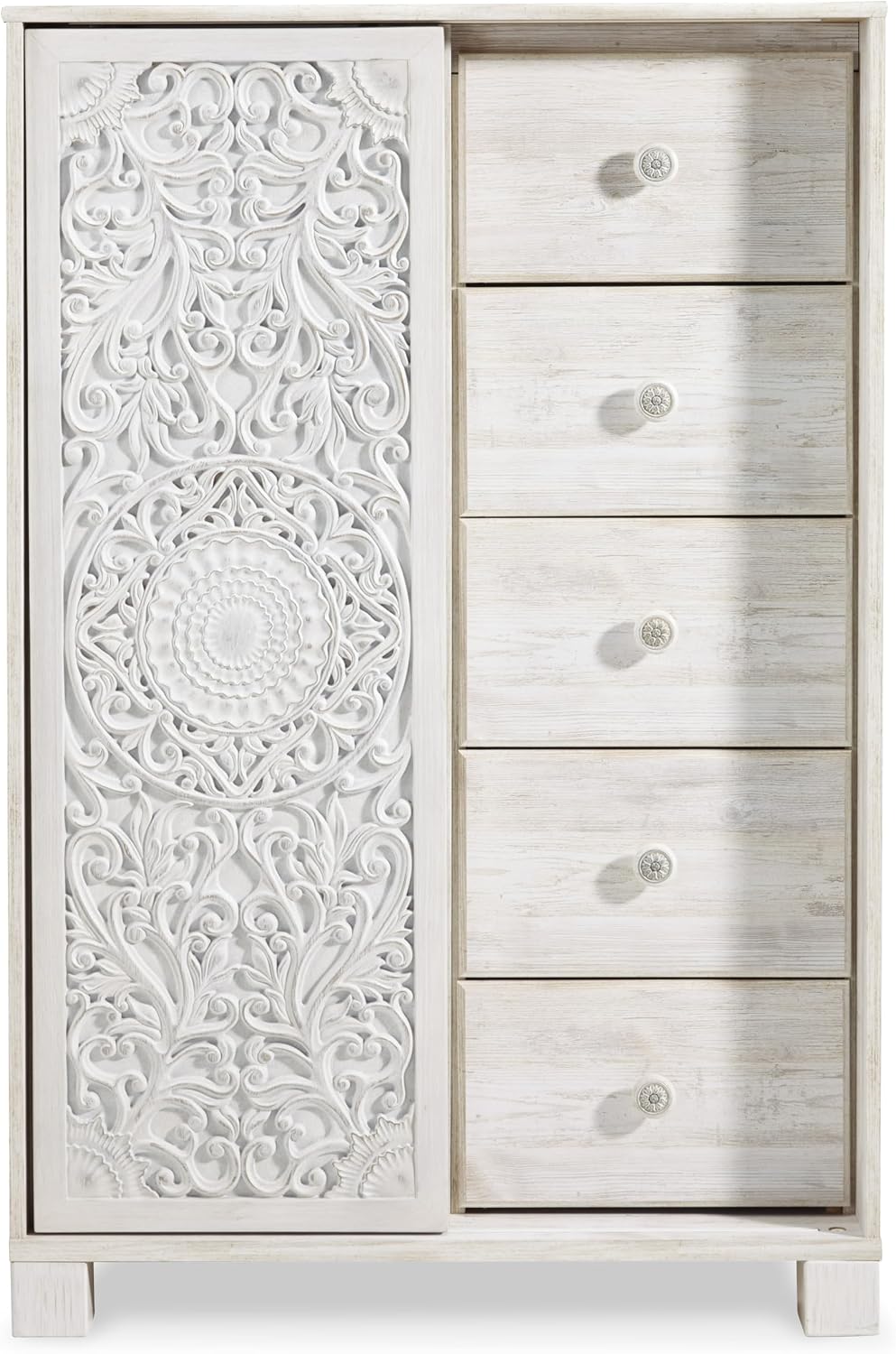 Signature Design by Ashley Paxberry Boho 5 Drawer Dressing Chest with Slider Door & 3 Adjustable Shelves, Whitewash
