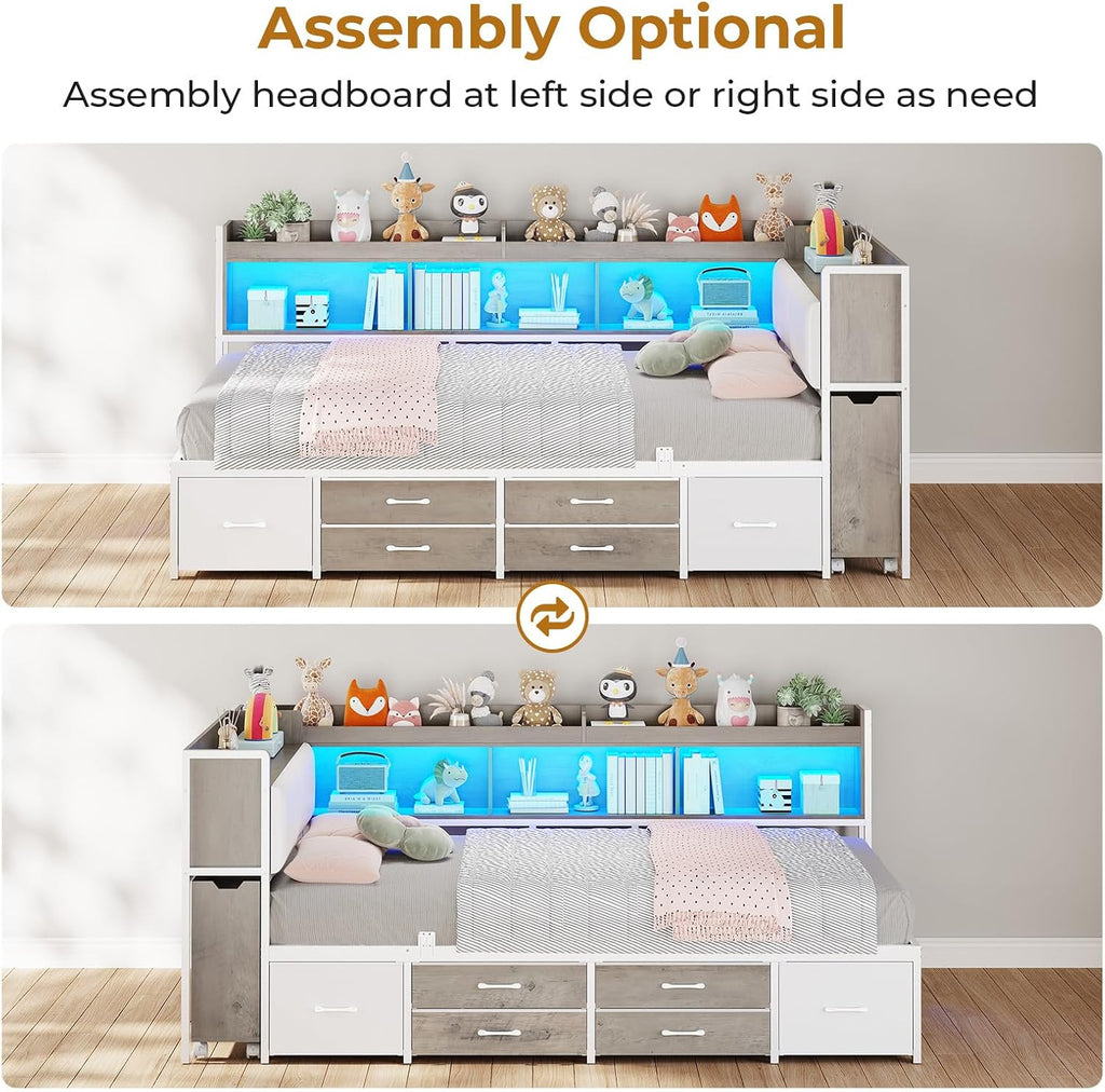 MSmask 14 Inch Corner Bed Frame with Pull-Out Cabinet, Bookcase & Headboad Storage, Twin LED Daybed with 6 Drawers, Charging Station, Twin Size Metal Platform Bed for Kids Teen, White & Oak Grey