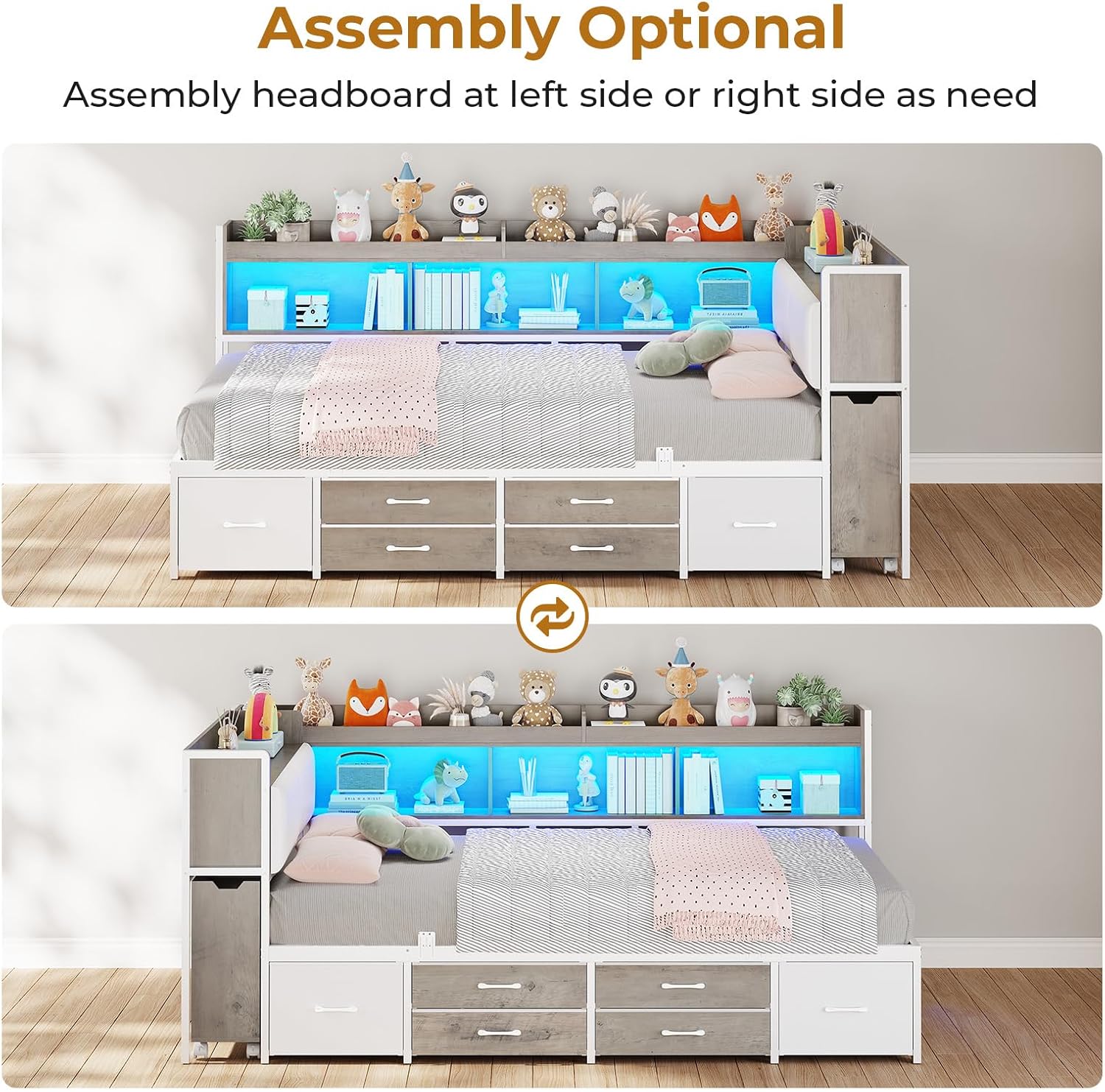 MSmask 14 Inch Corner Bed Frame with Pull-Out Cabinet, Bookcase & Headboad Storage, Twin LED Daybed with 6 Drawers, Charging Station, Twin Size Metal Platform Bed for Kids Teen, White & Oak Grey