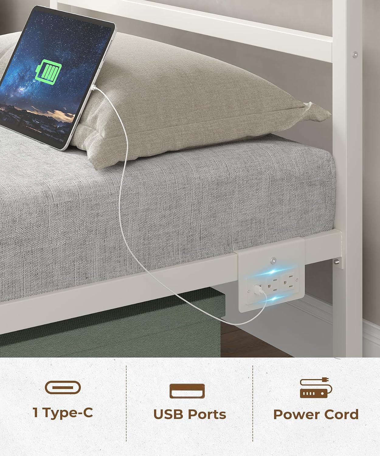 CollaredEagle Full Size Bed Frame with Headboard, Metal Platform Bed Frame with LED, Charging Station, No Box Spring Needed, Easy Assembly, Noise Free, White