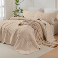Sanracie Oversized King Quilt 120'x120', 100% Cotton Warm Taupe Print Quilted Bedspread Set 3Pcs Soft Breathable Botanical Leaves Pattern Quilt Bedding Set for All Season