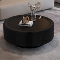 31.5' Black Round Fluted Coffee Table with Hidden Storage, Drum Coffee Table with Tempered Glass Top, PU Leather Body, Baked Enamel Metal Base, Modern Minimalist Circle Tea Table