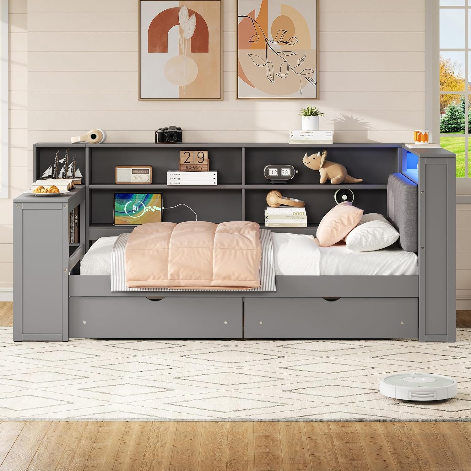 Ball & Cast Wood Twin Size Platform Bed with Storage Shelves and Drawers,Cabinet Bed Frame w/Charging Station & Built-in Desk,Upholstered Headboard,Space-Saving,Furniture for Apartment,Grey+Grey