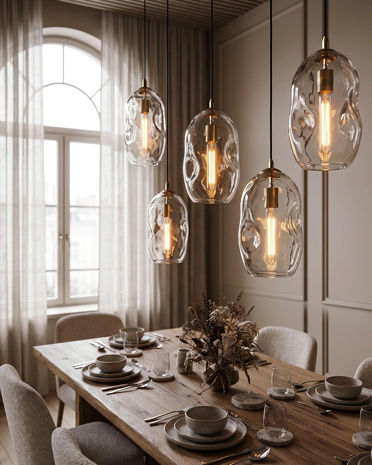 CASAMOTION Modern Pendant Lights Kitchen Island Large Gold Hanging Light Fixtures for Dining Table Blown Art Glass Clear Organic Globe Bedroom Foyer Entryway Hallway Lamp 12 Inch 1 Pack