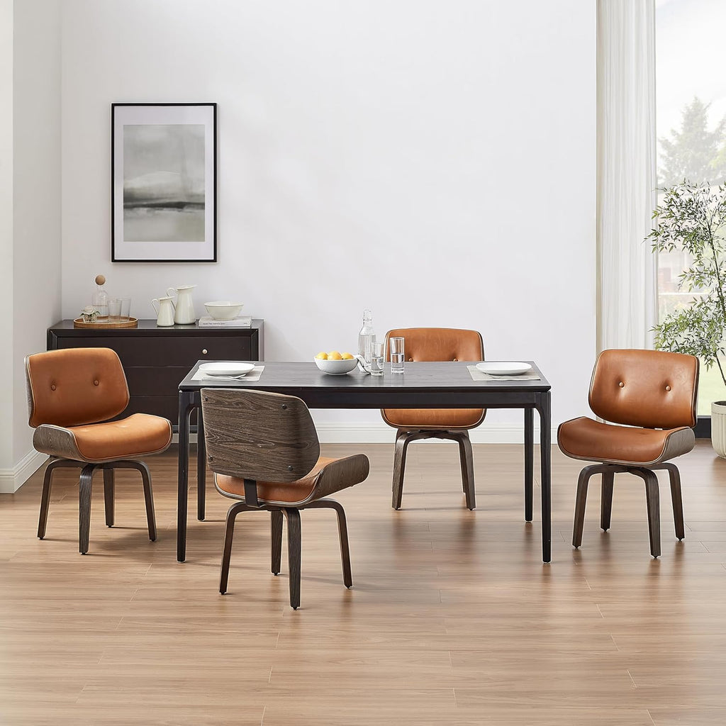 Zouron Swivel Dining Chairs Set of 2, Mid Century Modern Upholstered Faux Leather Chair with Black Oak Bentwood and Wood Legs for Kitchen Dining Room, Thickened Cushion, Button Brown