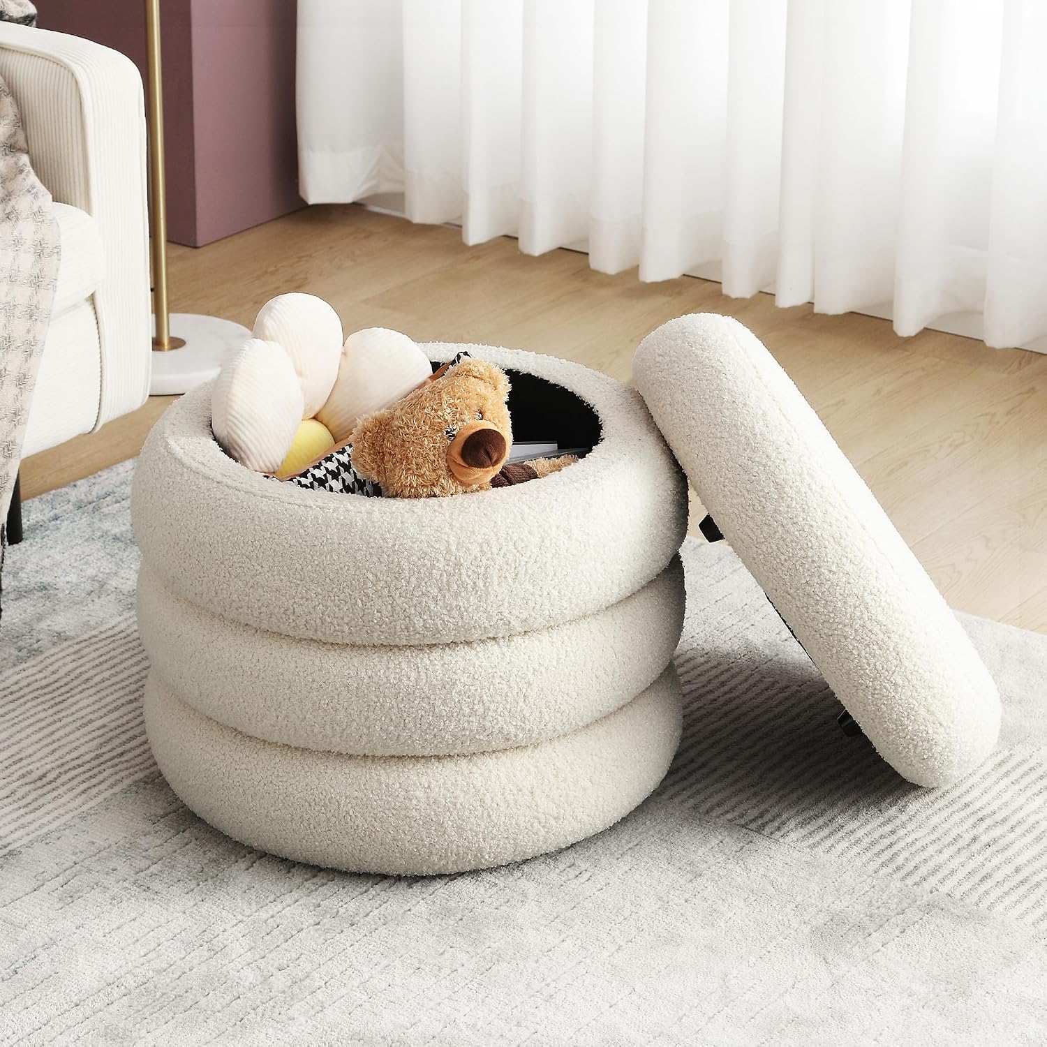 19.5 Inch Round Storage Ottoman, Modern Sherpa Ottoman Coffee Table with Removable Top, White Vanity Stool with Storage for Bedroom, Living Room, Dorm, Set of 1