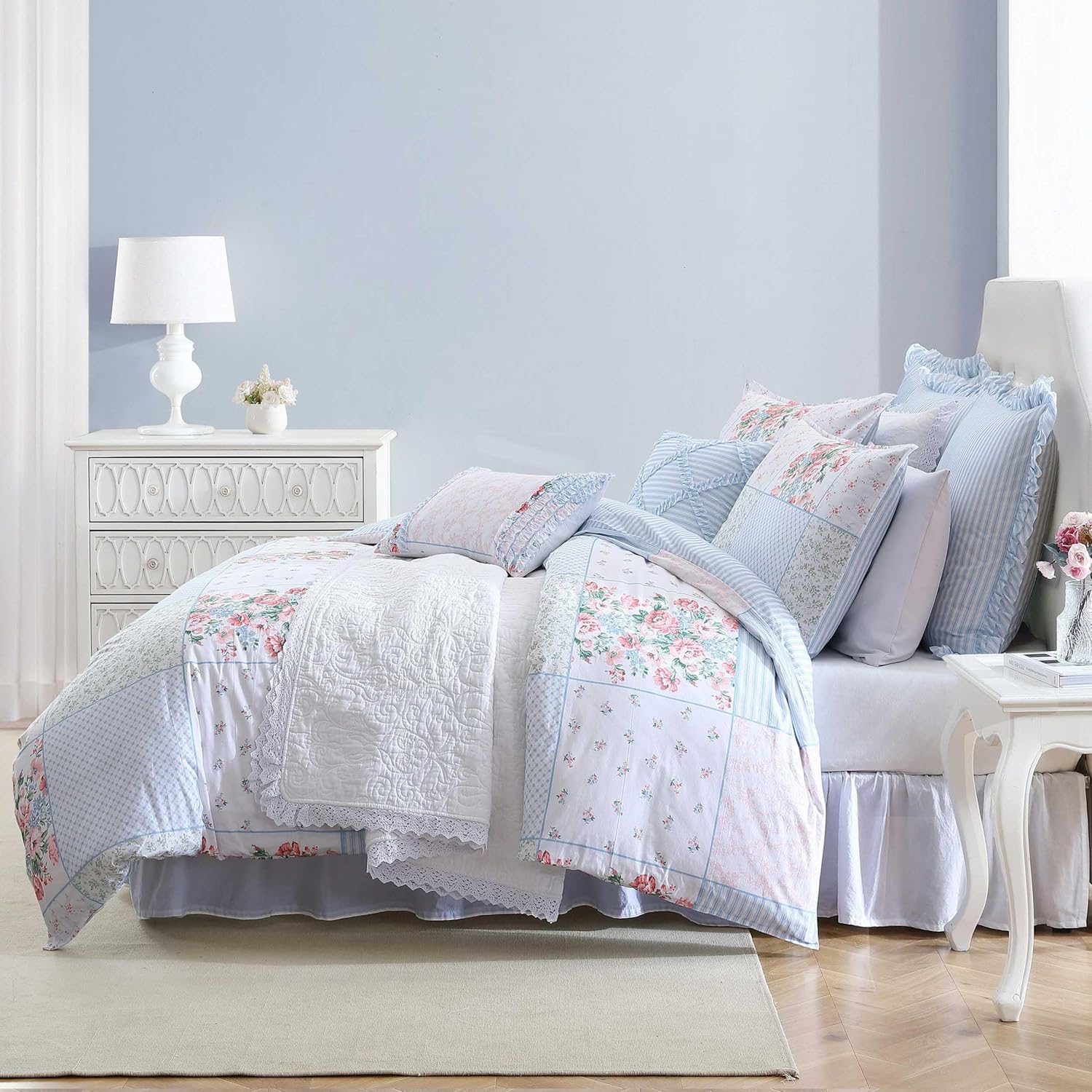 Laura Ashley - Duvet Set, Super Soft & Cozy Bedding, Includes Matching Shams & Bonus Throw Pillow Covers, Coquette Room Decor (Hope Patchwork Blue, King)