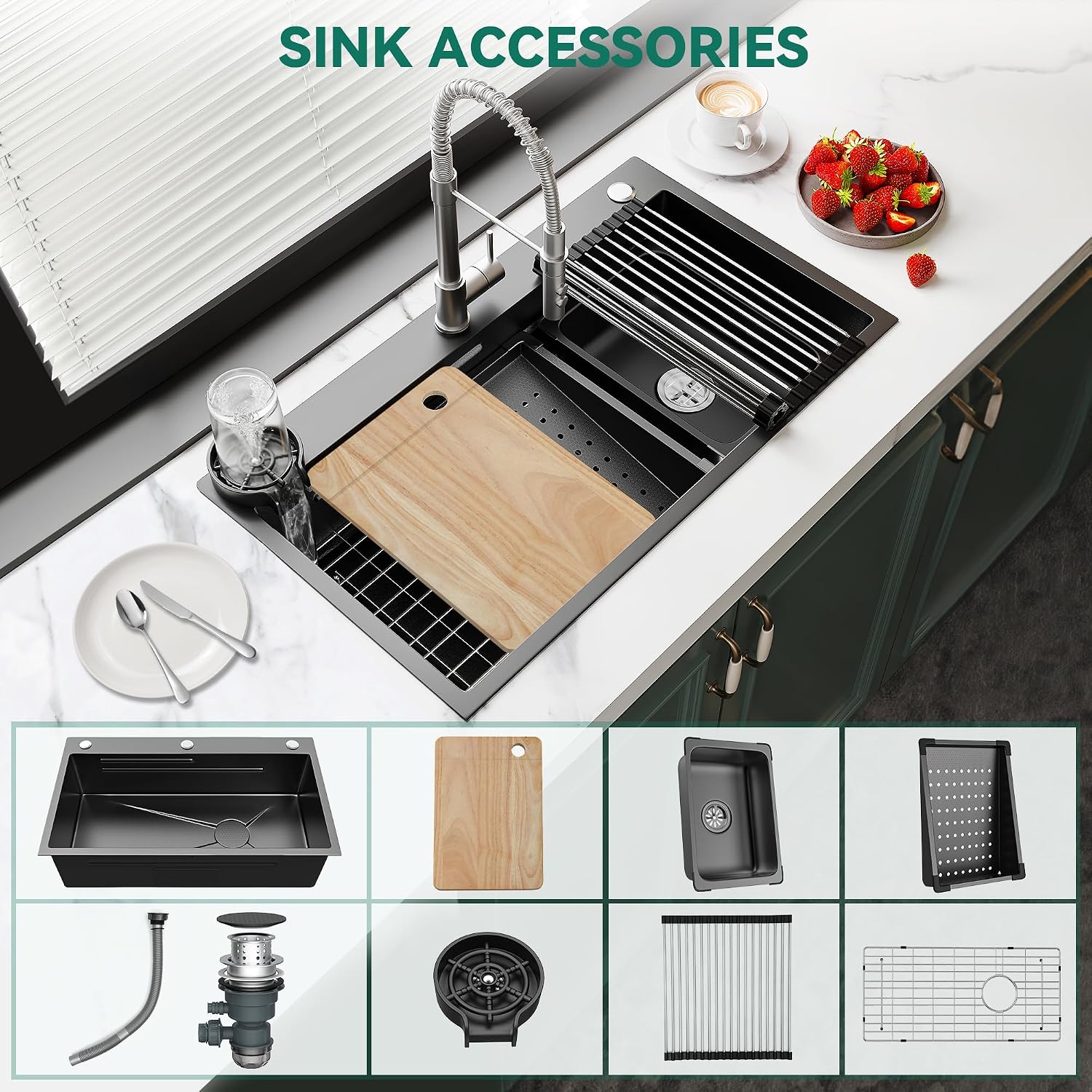 YITAHOME Drop in Kitchen Sink Workstation 30 Inch, Topmount Stainless Steel Nano Gunmetal Black Sink w/Glass Rinser, Cutting Board, Handmade Single Bowl Sink with Accessories 30 x 18 x 10in