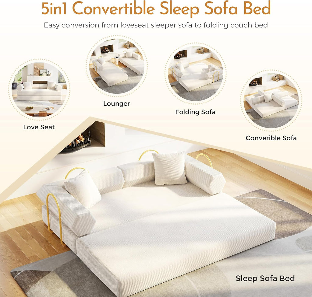 79'' Corduroy Convertible Sofa Bed, No Assembly Modular Folding Sleeper Couch, 5-in-1 Pull Out Bed with Removable Washable Cover, Space Saving Guest Bed for Living Room Apartment Bedroom (Beige White)