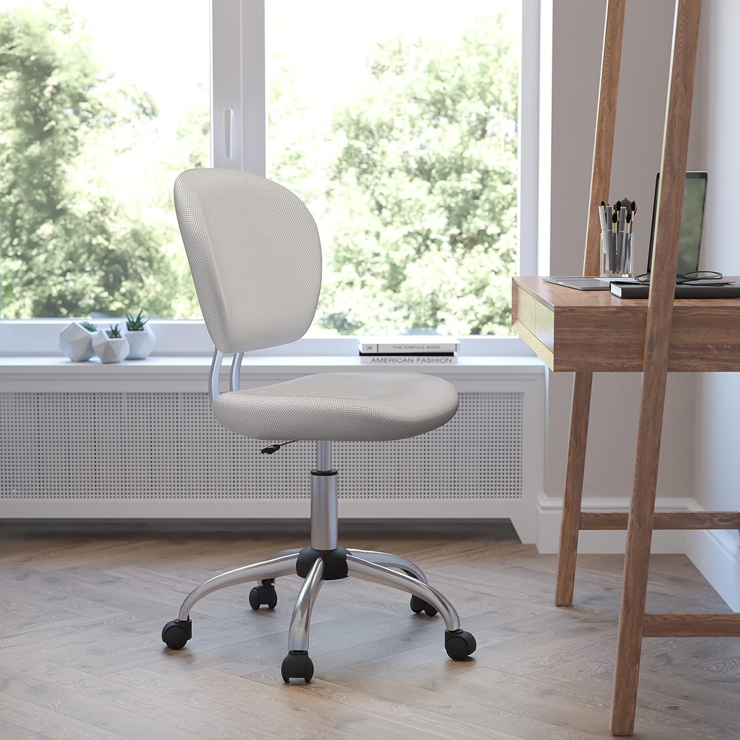 Flash Furniture Beverly Mid-Back White Mesh Padded Swivel Task Office Chair with Chrome Base
