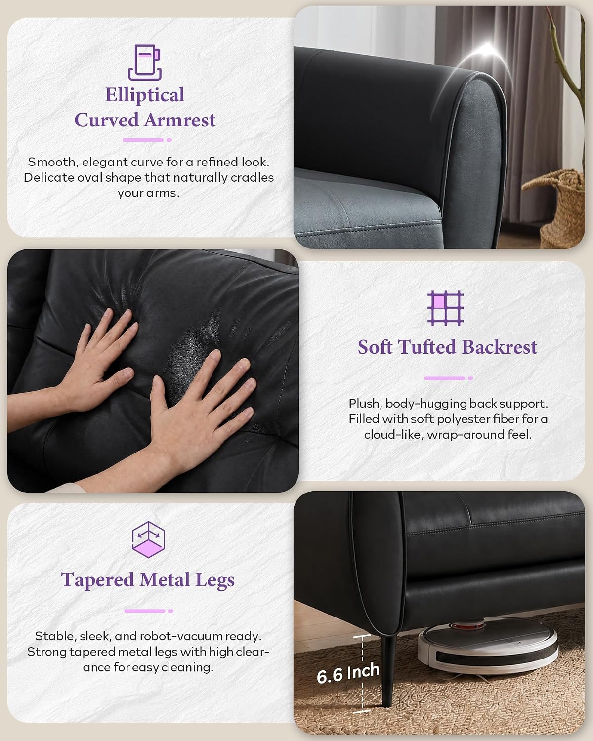 TYBOATLE Sofa Couch 61' Small Loveseat Couches for Living Room, Black Faux Leather Couch Mid Century Modern Tufted Mini Sofa Comfy Office 2 Seat Settee Love Seat Couches for Small Spaces Bedroom