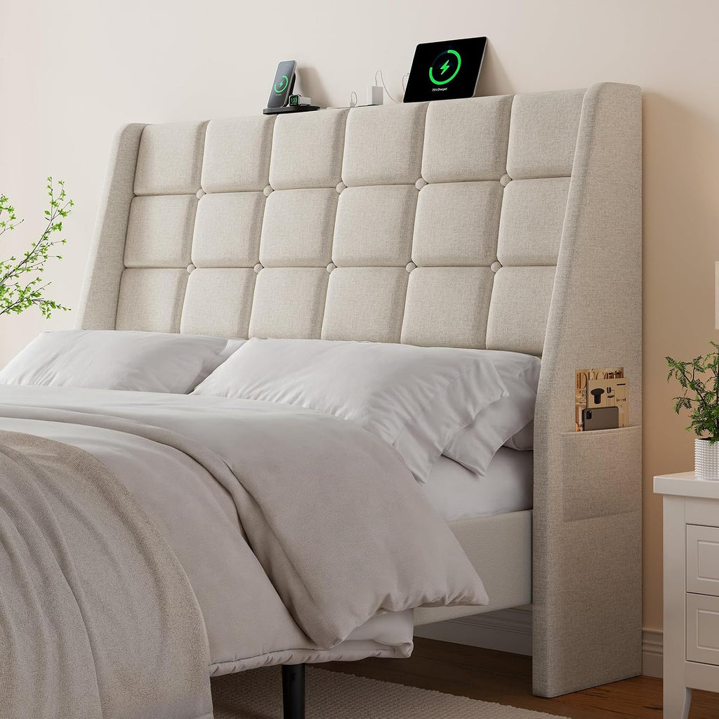 Ergonomic Upholstered Headboard Full Size w/Charging Station, Linen Wingback Headboards w/Storage Pocket, Full Headboard Only, Bed Frame Adapters, Sturdy Stable Solid Wood Bed Head Board, Beige