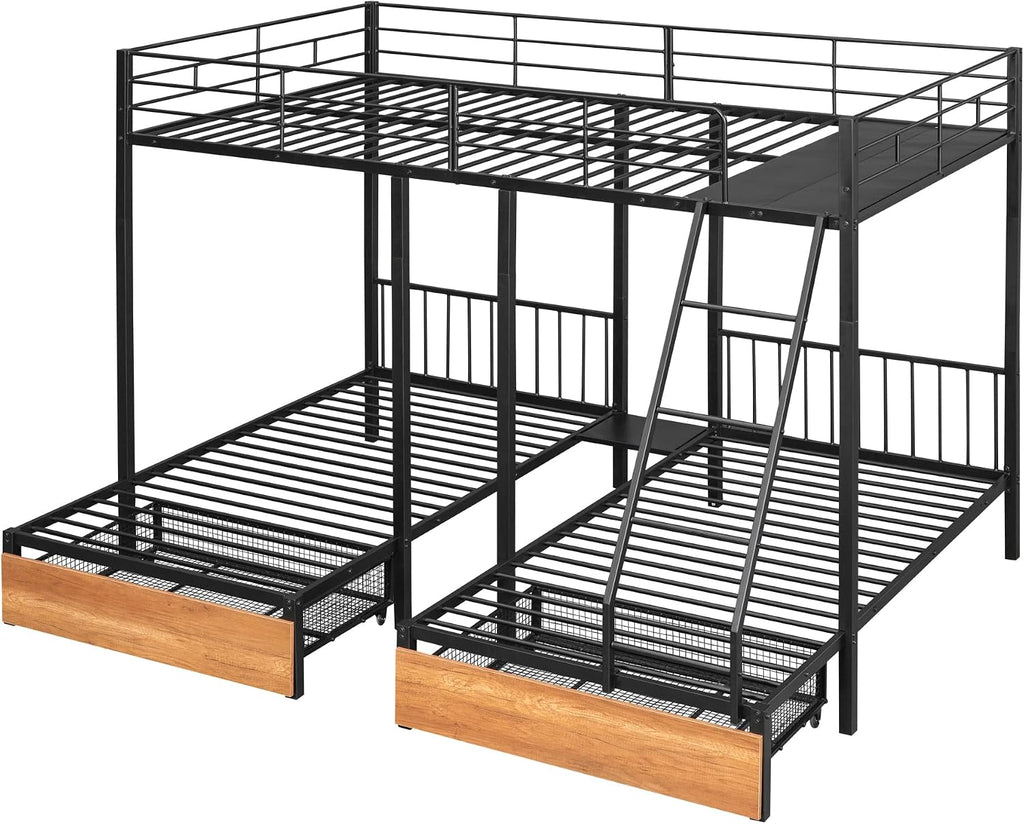 Full Over Twin & Twin Bunk Bed, Heavy Duty Metal Triple Bunk Bed with Drawers and Guardrails, Can be Divided into 3 Separate Beds, Triple Bunk Bed Frame for Kids Teens Aldults (Black + Metal)