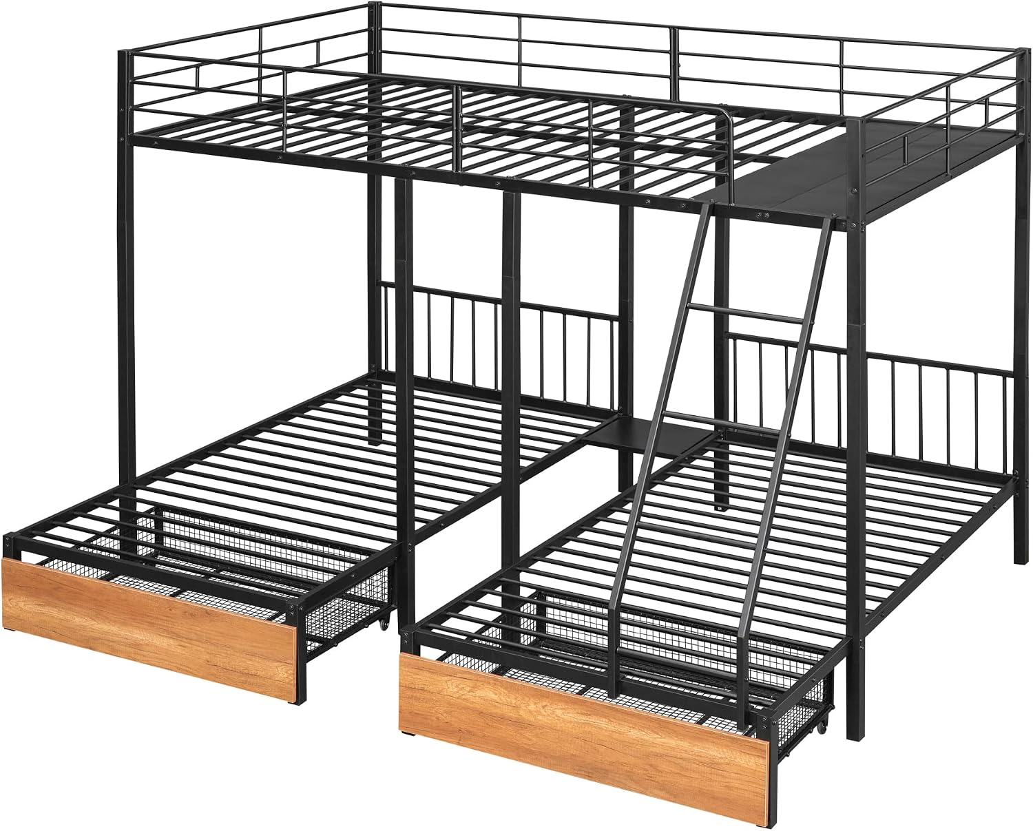 Full Over Twin & Twin Bunk Bed, Heavy Duty Metal Triple Bunk Bed with Drawers and Guardrails, Can be Divided into 3 Separate Beds, Triple Bunk Bed Frame for Kids Teens Aldults (Black + Metal)