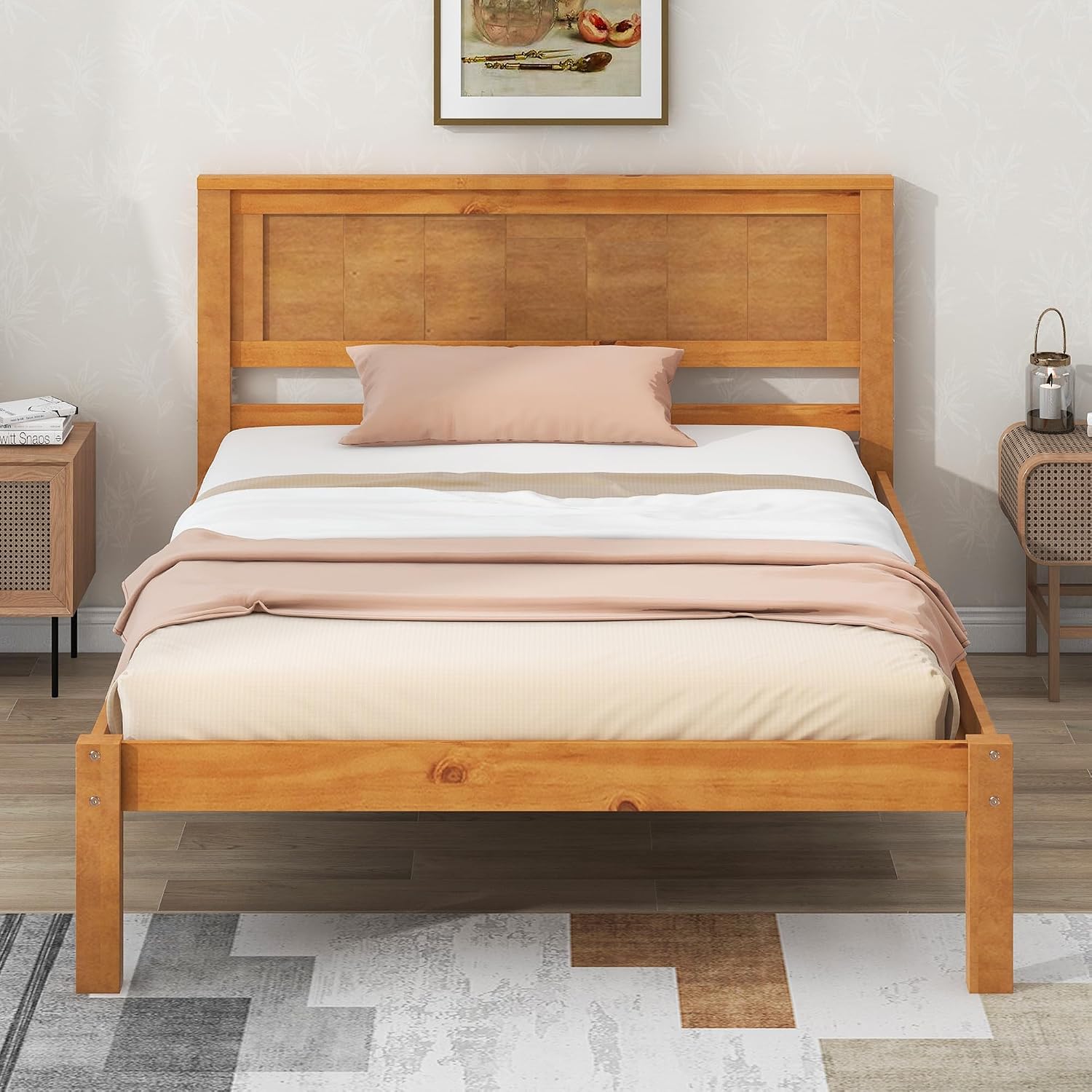 Twin Size Wood Bed Frame and Headboard, Modern Retro Brown Platform Beds Frames, Sturdy and Durable Design Rustic Wooden Bedroom Set, Easy Assembly, No Box Spring Needed (Oak, Twin)