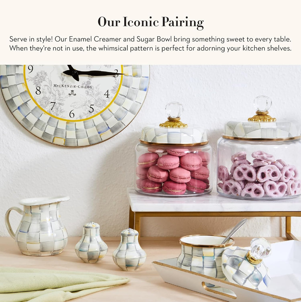 MACKENZIE-CHILDS Enamel Creamer and Sugar-Bowl Set, Cream Dispenser and Sugar Holder, Unique Kitchen Decor, Gray-and-White Sterling Check