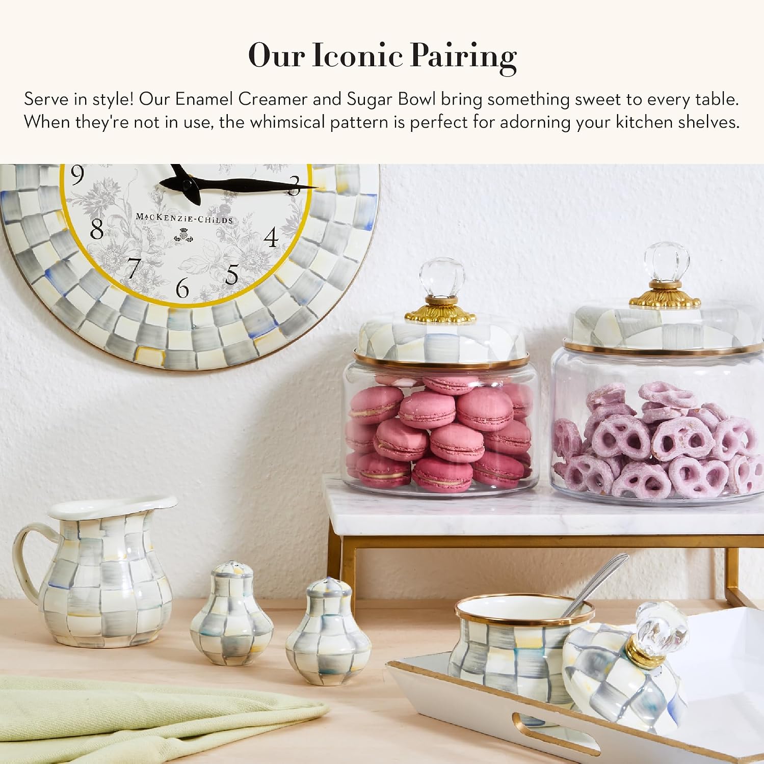 MACKENZIE-CHILDS Enamel Creamer and Sugar-Bowl Set, Cream Dispenser and Sugar Holder, Unique Kitchen Decor, Gray-and-White Sterling Check