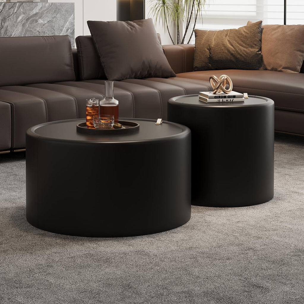 19.69' Black Round Coffee Table with Hidden Storage, Drum Coffee Table with Tempered Glass Top and PU Leather Body, Circle Cocktail Tea Table for Living Room, No Assemble