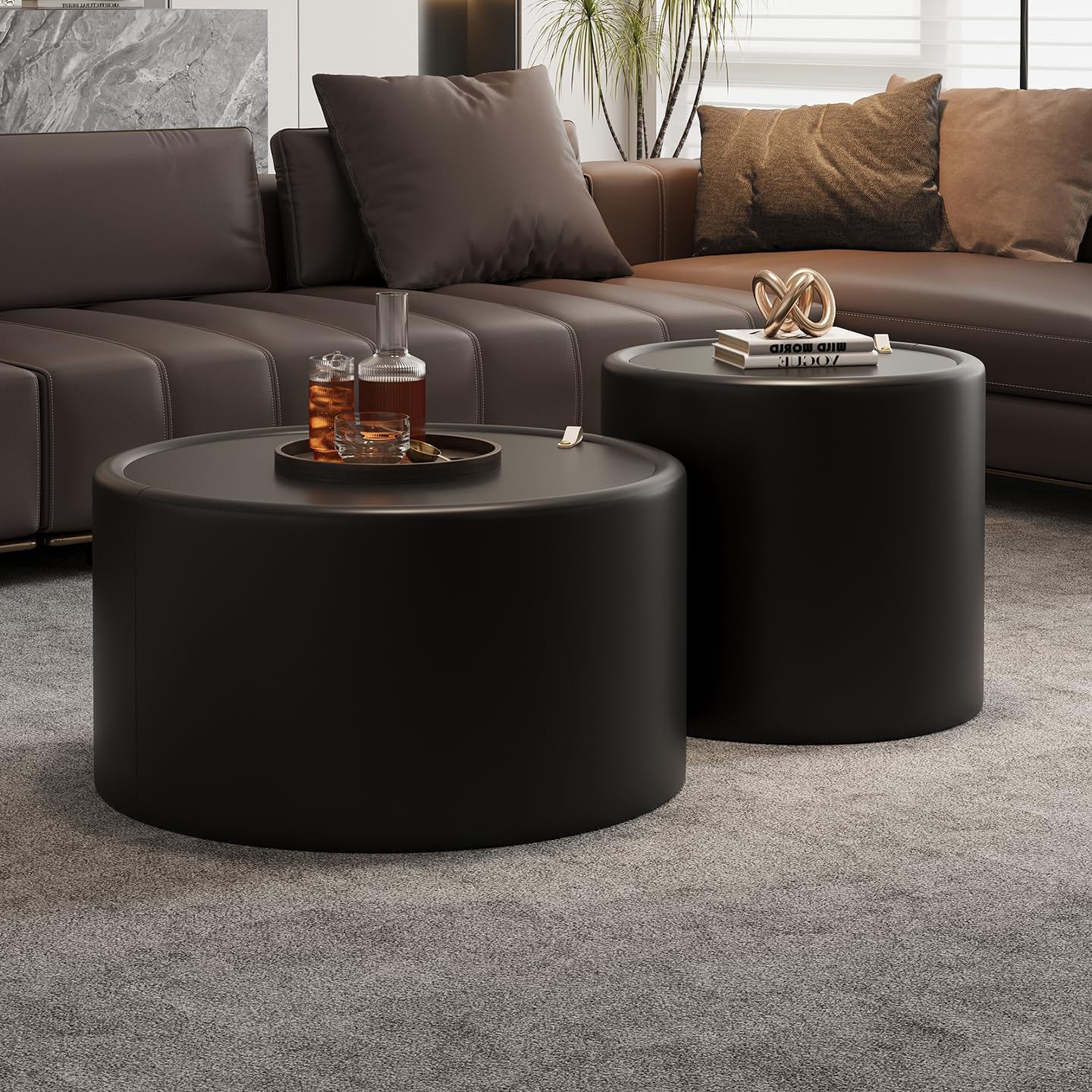 19.69' Black Round Coffee Table with Hidden Storage, Drum Coffee Table with Tempered Glass Top and PU Leather Body, Circle Cocktail Tea Table for Living Room, No Assemble