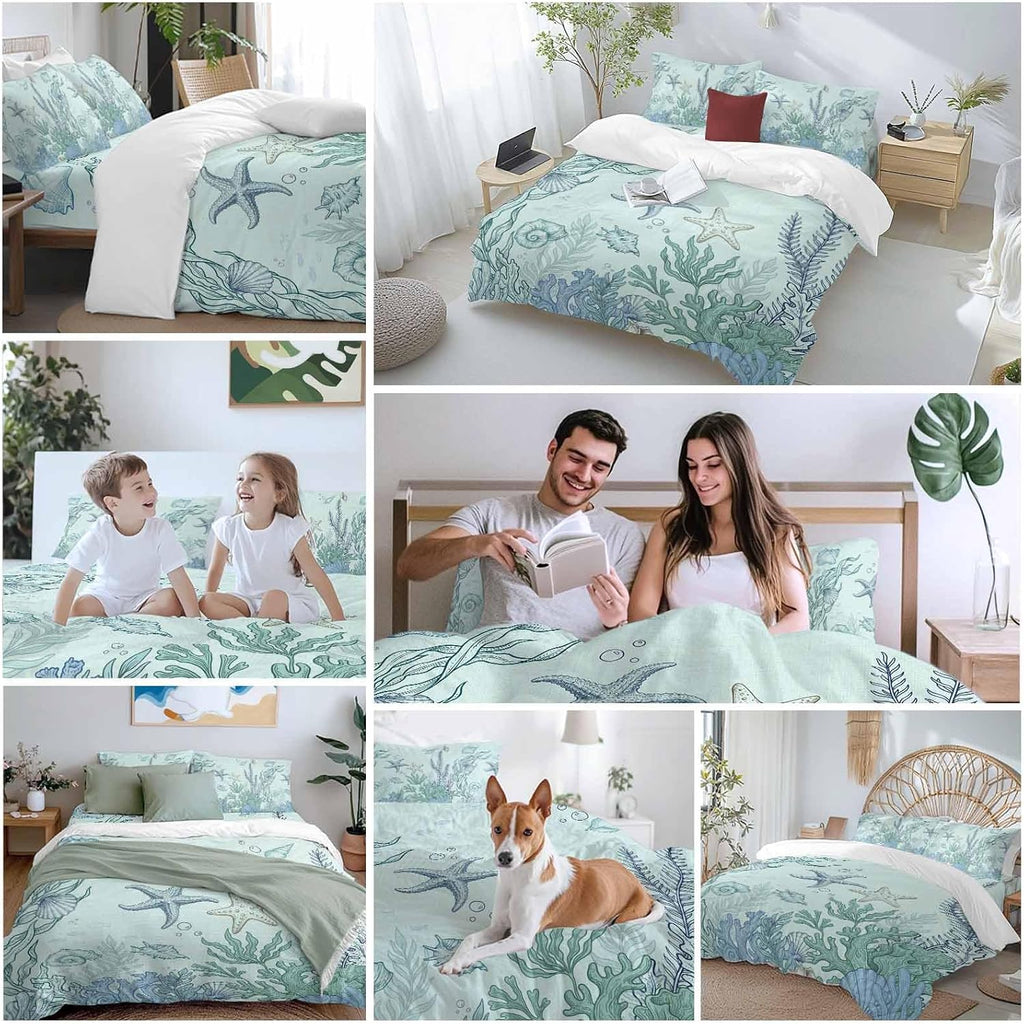 Marine Life Duvet Cover Set Queen Size 4 Pieces Starfish Coral Blue Shell Ocean Summer Green Bedding Set with Zipper Closure, 1 Comforter Cover 92x106 Inches 1 Flat Sheet & 2 Pillow Cases