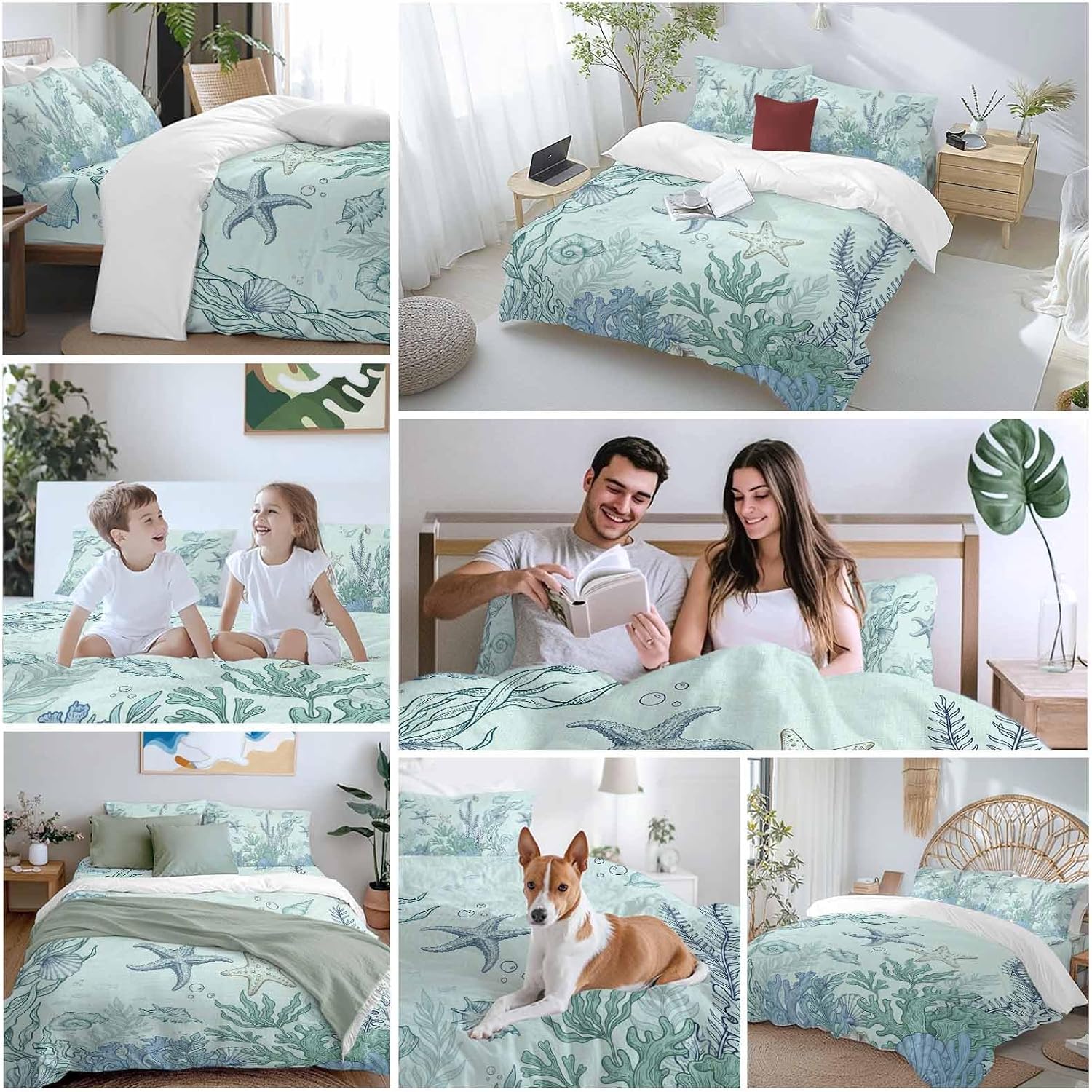 Marine Life Duvet Cover Set Queen Size 4 Pieces Starfish Coral Blue Shell Ocean Summer Green Bedding Set with Zipper Closure, 1 Comforter Cover 92x106 Inches 1 Flat Sheet & 2 Pillow Cases