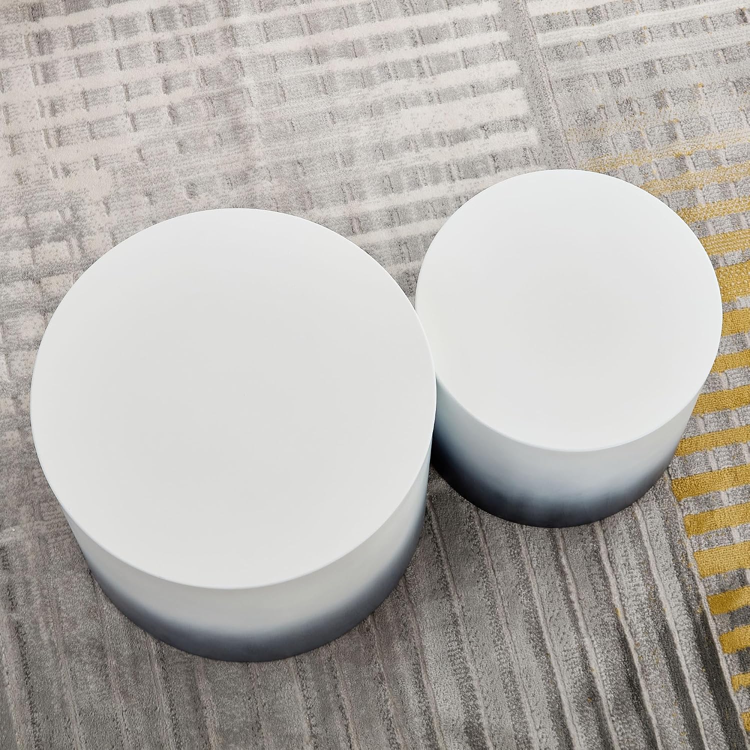 Round Coffee Table Set of 2, Modern Circle Nesting Coffee Table Double Wood End/Side Table for Living Room Small Spaces, Minimalist Abstract Mist Gradient - Black to White,18.9' & 14.96'