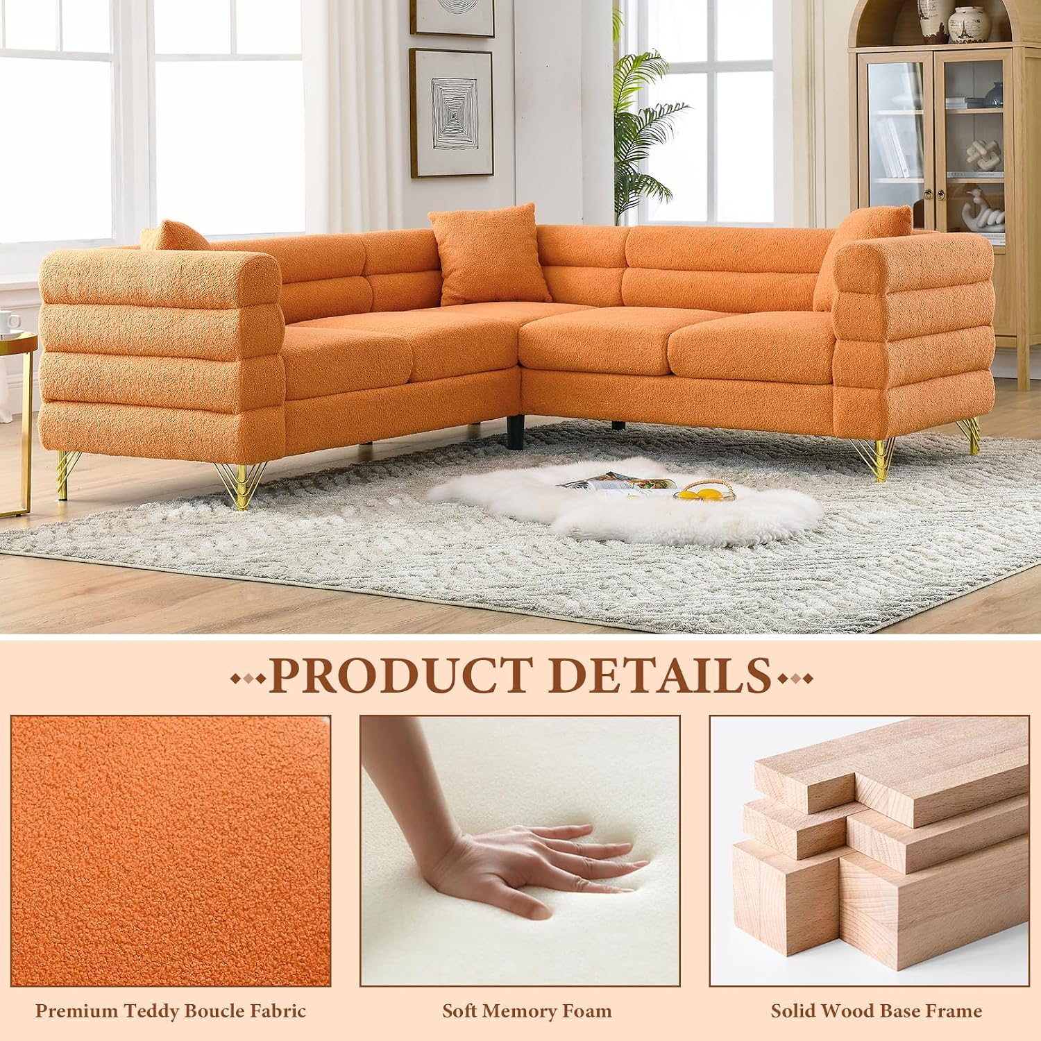 L-Shaped Sectional Couch, 81.5' Oversized Corner Sofa Teddy Boucle Comfy Cloud Modern Upholstered Deep Seat Set with Stylish Metal Legs for Living Room Home Office,Apartment, Orange