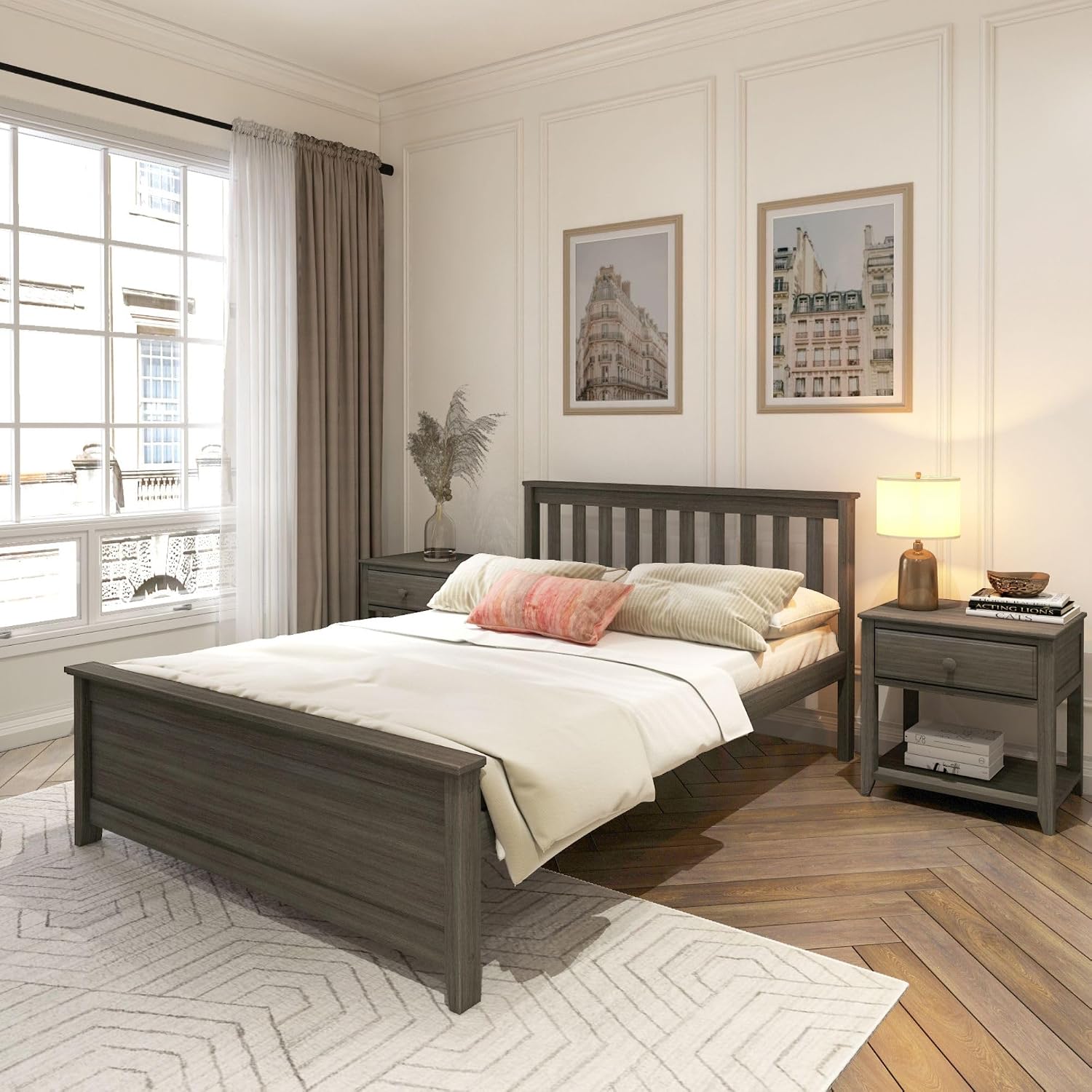 Plank+Beam Solid Wood Full Bed Frame, Platform Bed with Headboard, Clay