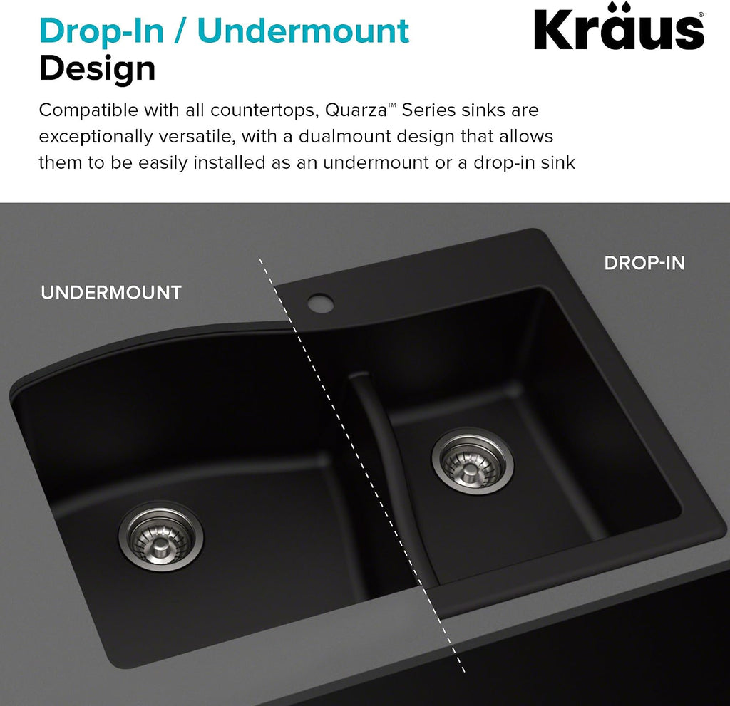 KRAUS KGD-442 Quarza 33-inch 33' Dual Mount 60/40 Double Bowl Granite Kitchen Sink in Black