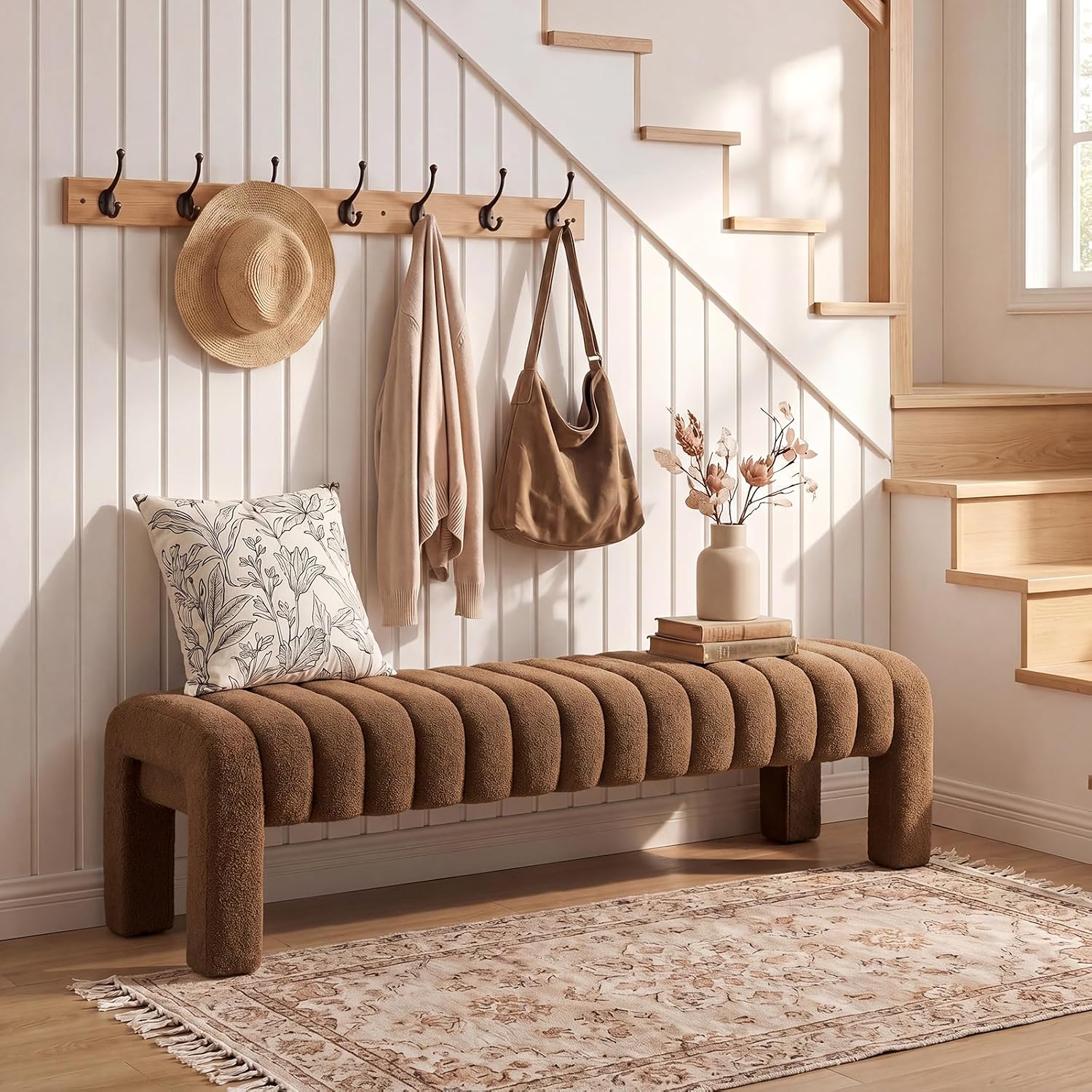63'' Bedroom Bench, Upholstered End of Bed Bench with Solid Wood Legs, Modern Cushioned Dining Bench with Full Covered Fabrics for Entryway, Bedroom, Living Room (Rust Brown, Boucle)
