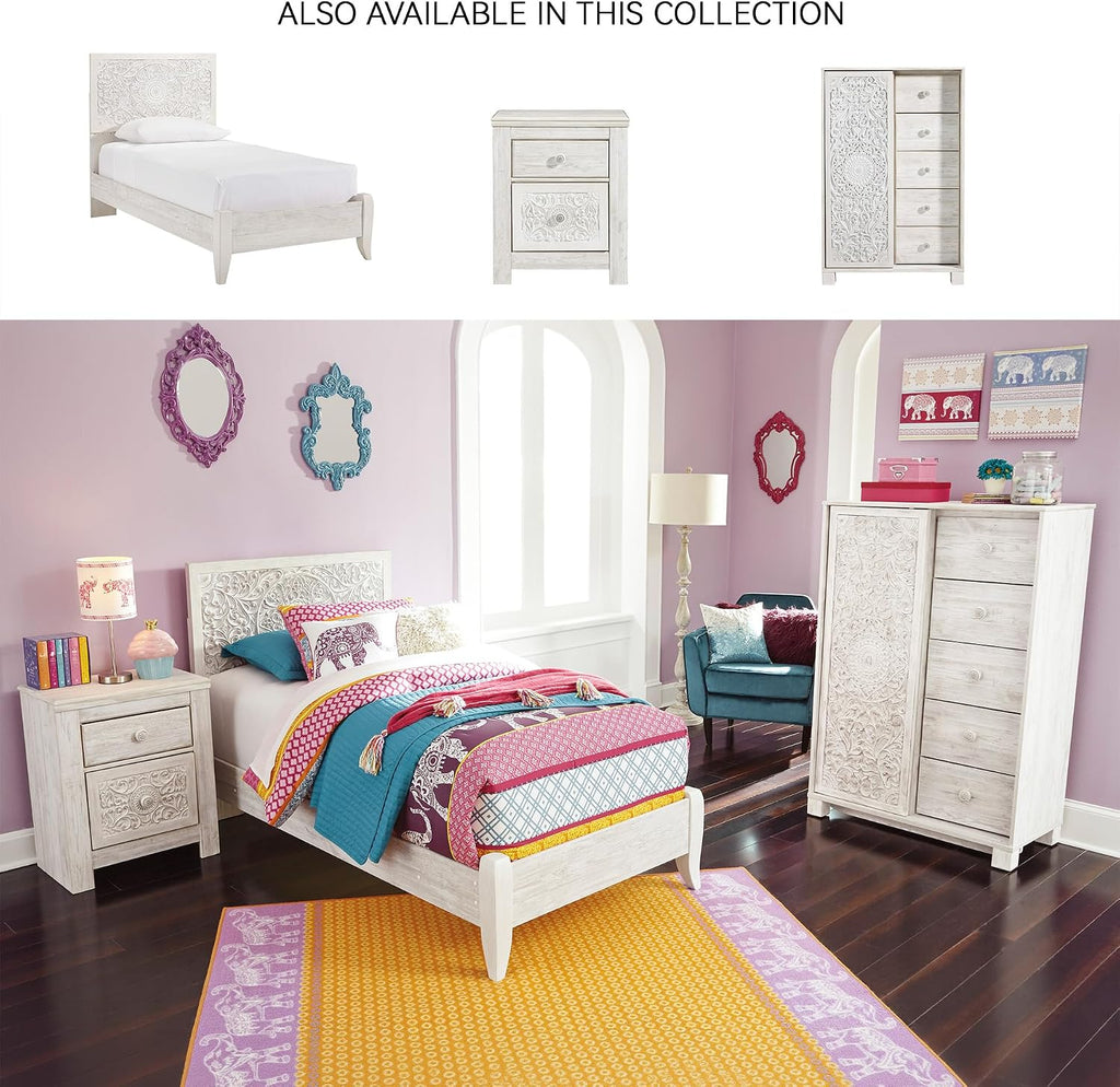 Signature Design by Ashley Paxberry Boho 5 Drawer Dressing Chest with Slider Door & 3 Adjustable Shelves, Whitewash