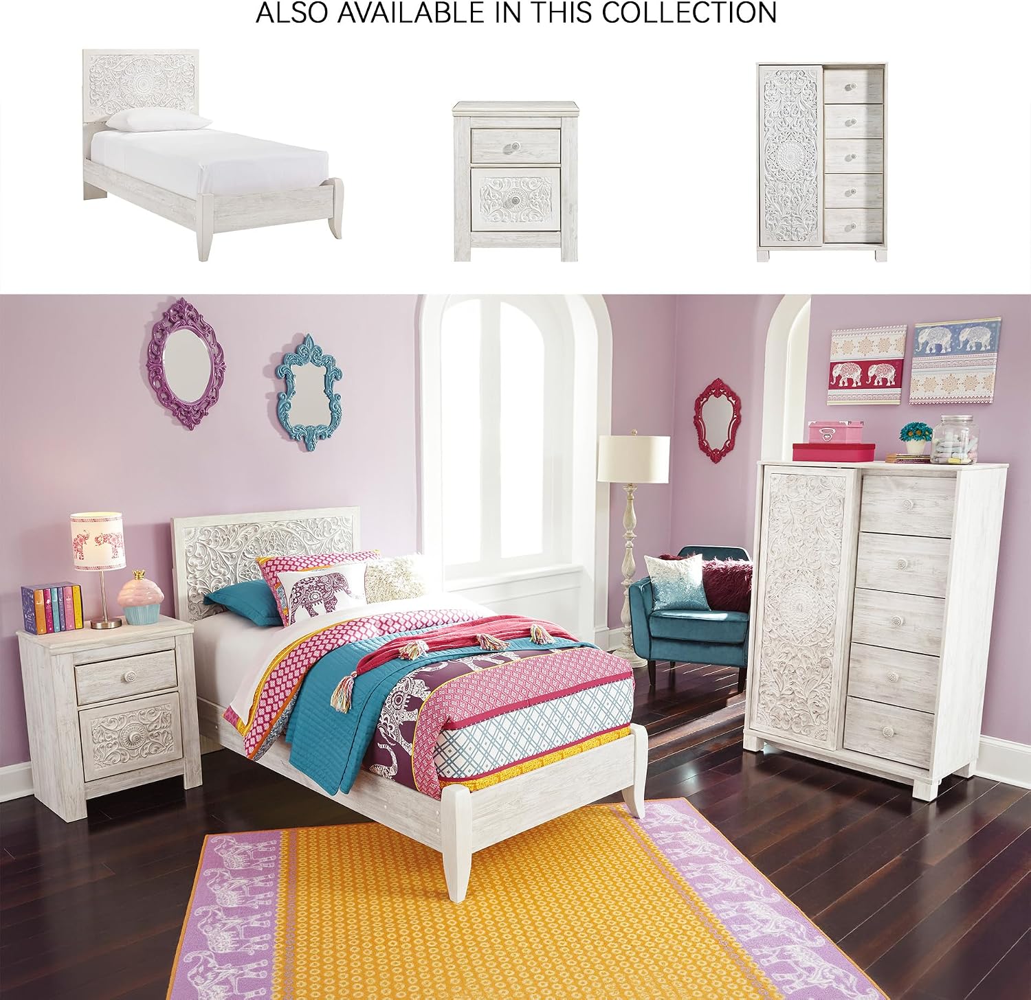 Signature Design by Ashley Paxberry Boho 5 Drawer Dressing Chest with Slider Door & 3 Adjustable Shelves, Whitewash