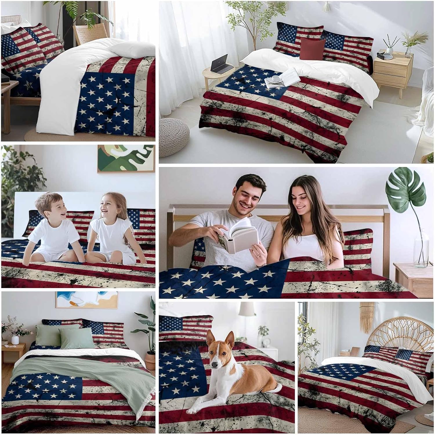 Prime Leader Independence Day Duvet Cover Set Queen Size 4 Pieces Mottled U. S. Flag Shabby Chic Vintage Bedding Set with Zipper Closure, 1 Comforter Cover 92x106 Inches 1 Flat Sheet & 2 Pillow Cases