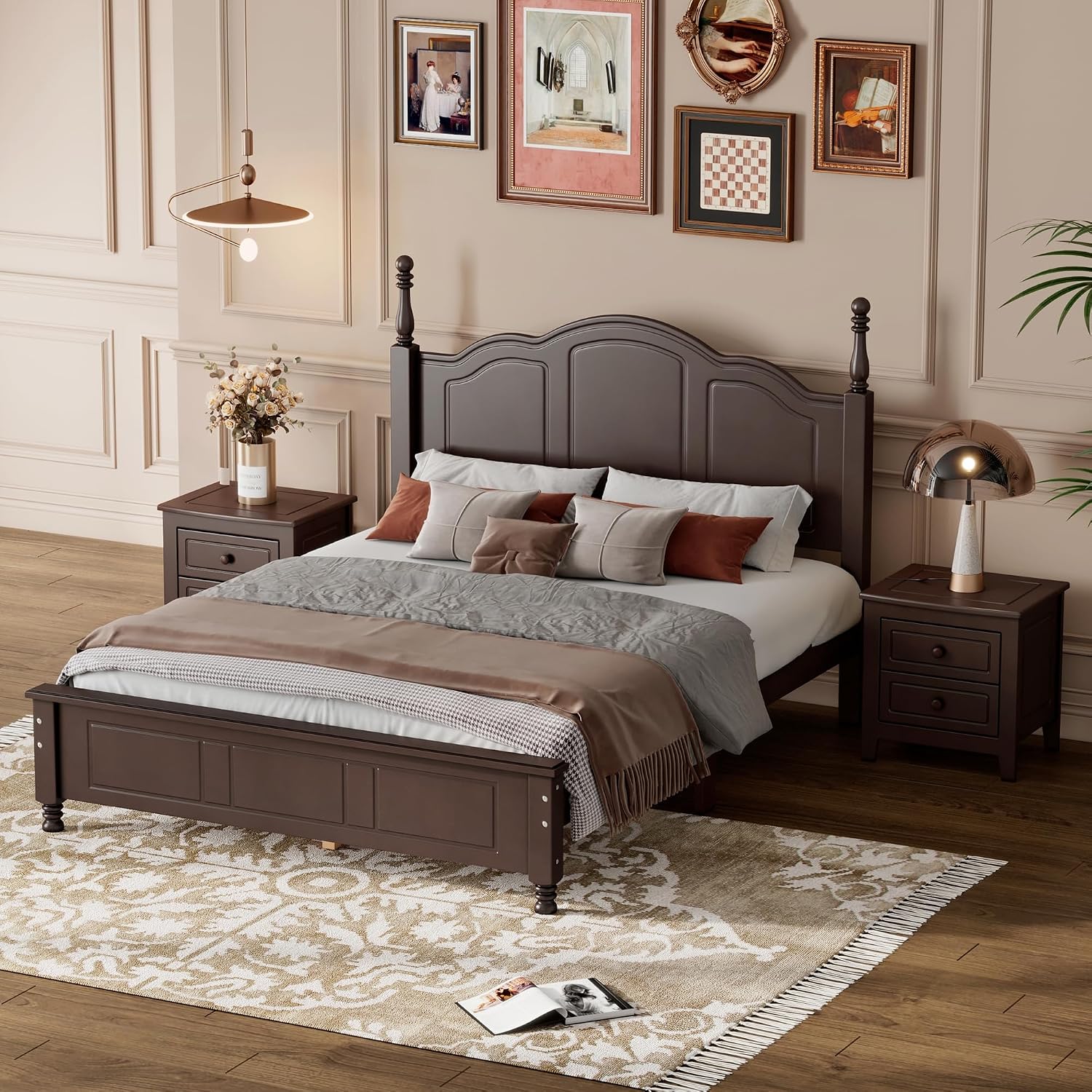 Bedroom Set of Furniture, Wooden Platform Bed and Two Bedside Tables, for Family Use(Dark Walnut(Full))