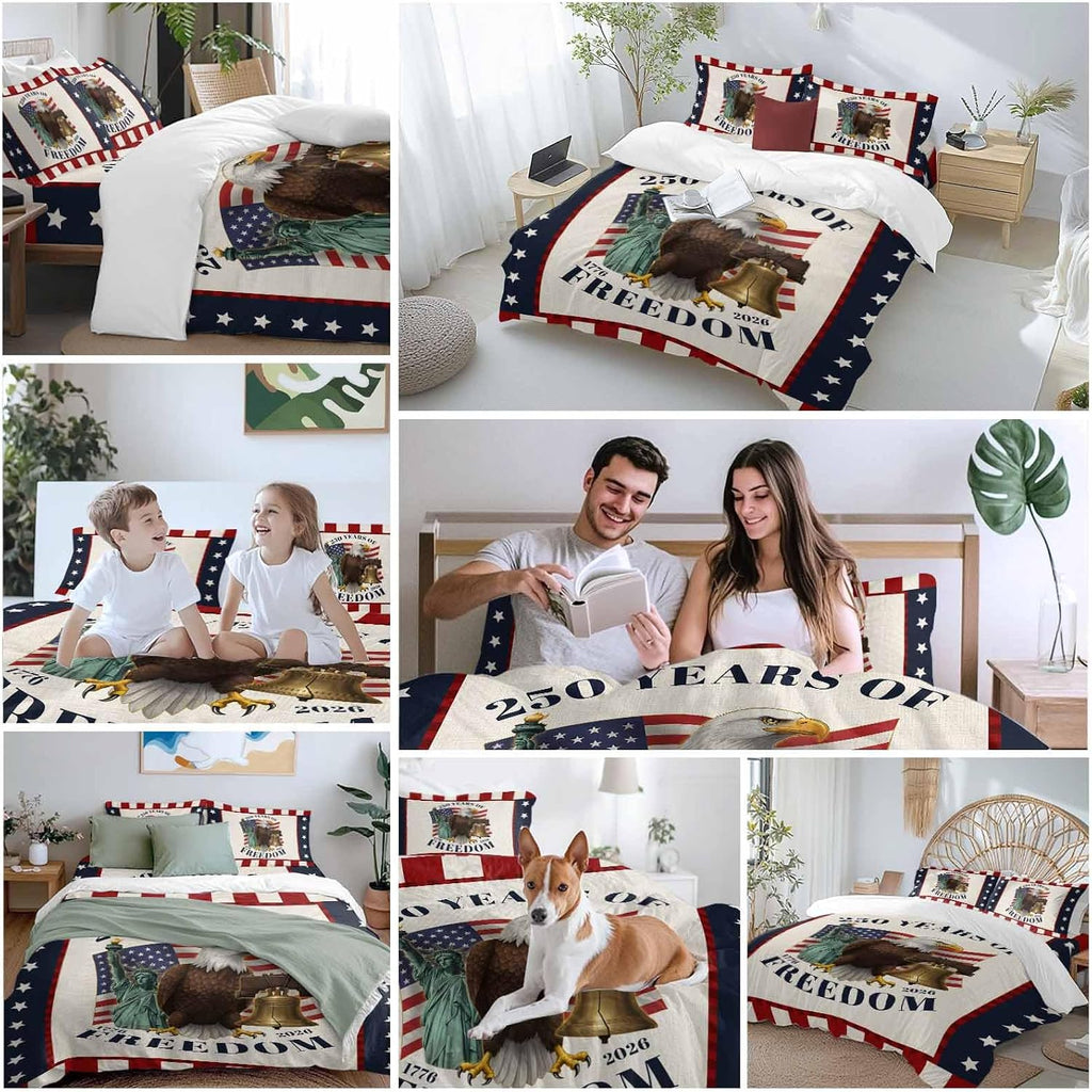 250 Years of Freedom Duvet Cover Set Queen Size 4 Pieces Independence Day Bald Eagle Star Stripe Bedding Set with Zipper Closure, 1 Comforter Cover 90x92 Inches 1 Flat Sheet & 2 Pillow Cases