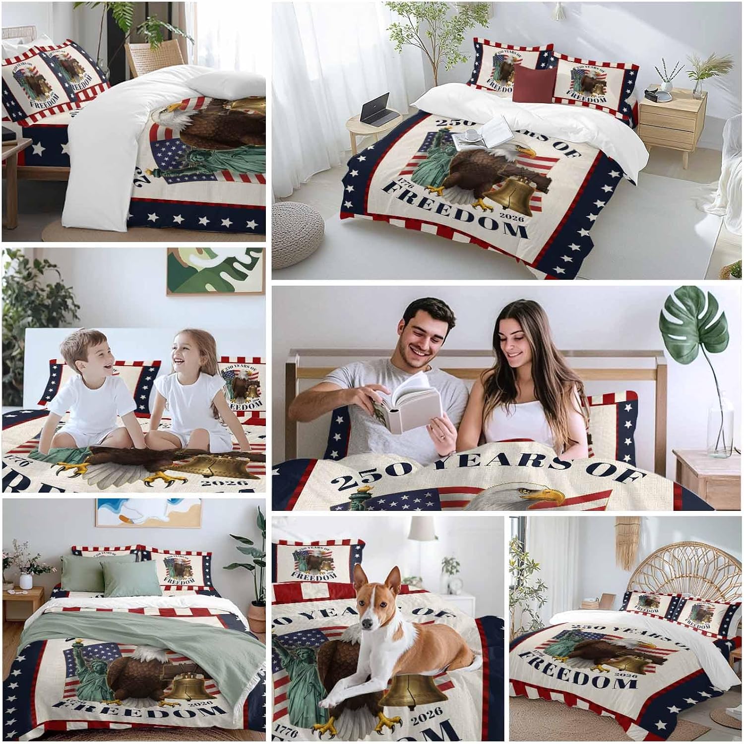 250 Years of Freedom Duvet Cover Set Queen Size 4 Pieces Independence Day Bald Eagle Star Stripe Bedding Set with Zipper Closure, 1 Comforter Cover 90x92 Inches 1 Flat Sheet & 2 Pillow Cases