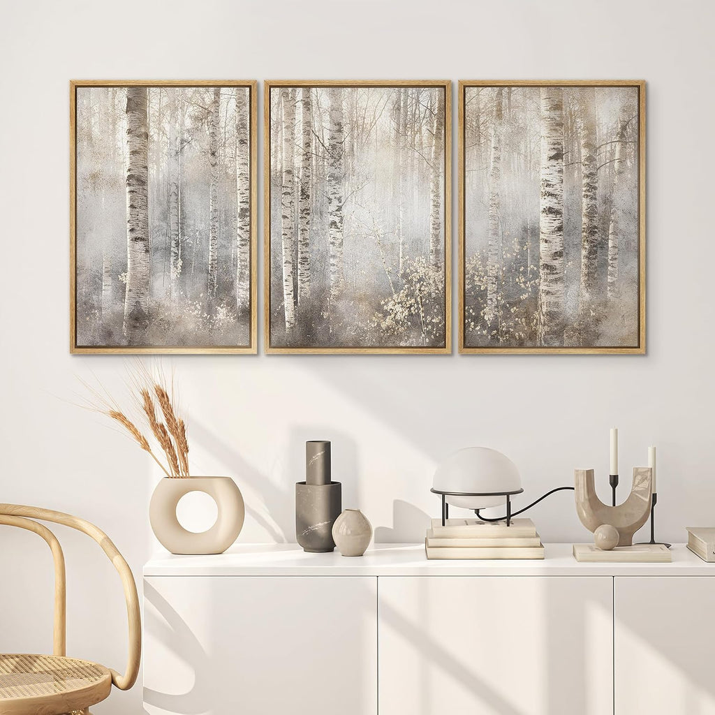SIGNWIN Framed Canvas Print Wall Art Set Serene Birch Tree Forest in Soft Tones Illustrations Modern Bohemian Scenic Colorful Ultra for Living Room, Bedroom, Office - 24'x36'x3 Natural