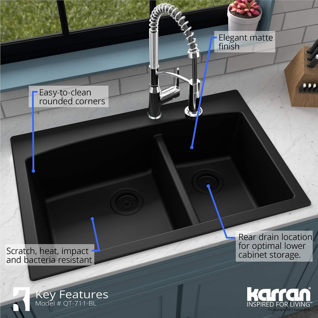 Karran QT-711 Drop-In Quartz Composite 33 in. 1-Hole 60/40 Double Bowl Kitchen Sink in Black