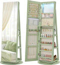 SONGMICS 6 LEDs Lockable Mirror Jewelry Cabinet, 360° Swivel Jewelry Organizer Armoire Standing, Frameless Full-Length Mirror, 3 Storage Shelves, Laurel Green Surface, Cream White Lining UJJC007C01