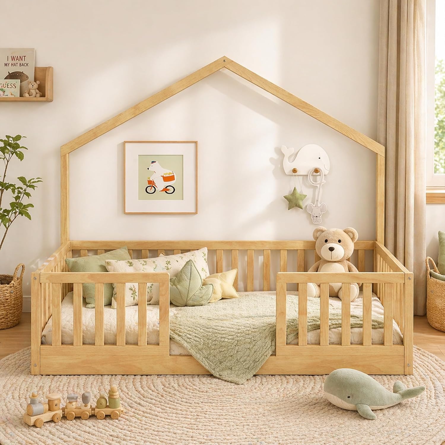 Twin Floor Bed Frame with High Rails, Wooden Montessori Floor Bed Twin with Light & Wood Slats, Low Profile Montessori Beds for Kids, Boys & Girls, Natural