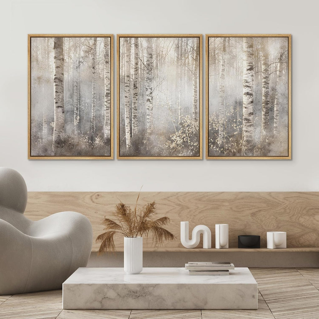 SIGNWIN Framed Canvas Print Wall Art Set Serene Birch Tree Forest in Soft Tones Illustrations Modern Bohemian Scenic Colorful Ultra for Living Room, Bedroom, Office - 24'x36'x3 Natural