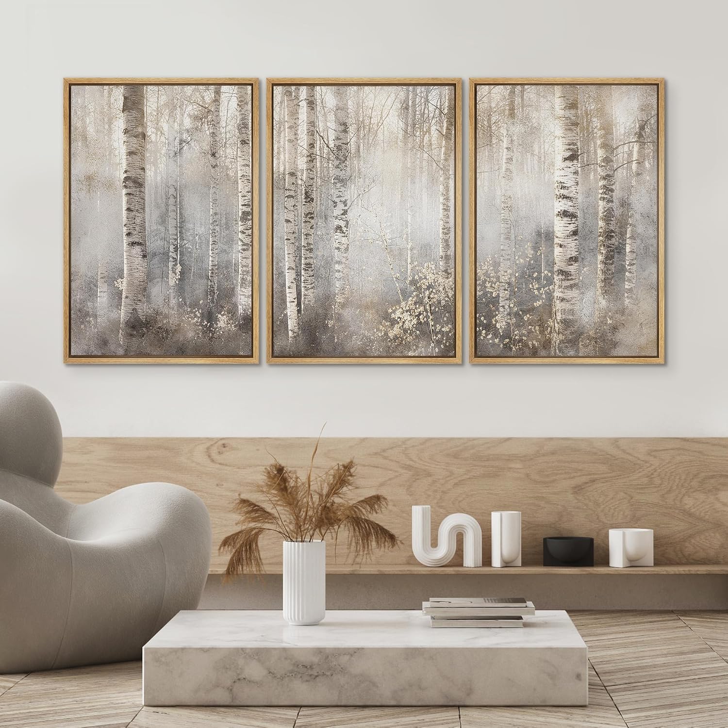 SIGNWIN Framed Canvas Print Wall Art Set Serene Birch Tree Forest in Soft Tones Illustrations Modern Bohemian Scenic Colorful Ultra for Living Room, Bedroom, Office - 24'x36'x3 Natural